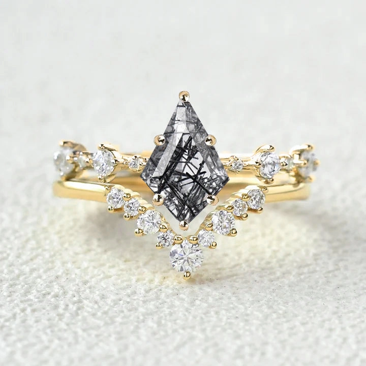 Cluster Black Rutilated Quartz Engagement Ring Sets 2pcs Stylish Edge High Shine