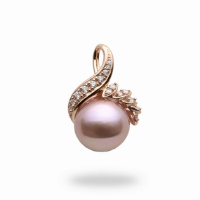 Bright Glow Lilac Freshwater Pearl Pendant in Rose Gold with Diamonds - 13-14mm