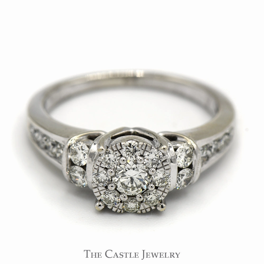 Amazing Statement 1cttw Diamond Cluster Engagement Ring with Channel Set Accents in 14k White Gold