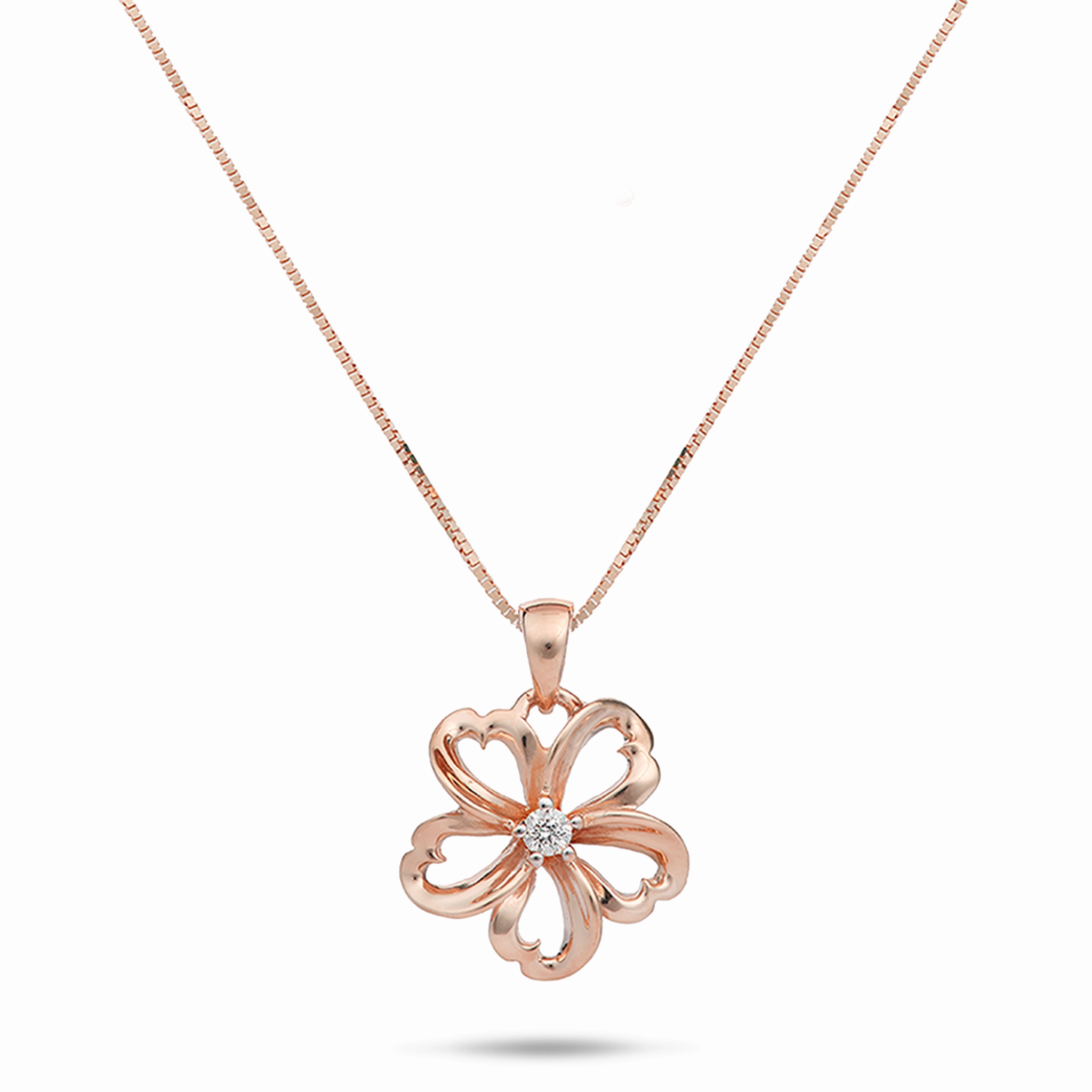 Sophisticated Shine Polished Elegance 18" Plumeria Pendant Necklace in Rose Gold with Diamond - 14mm