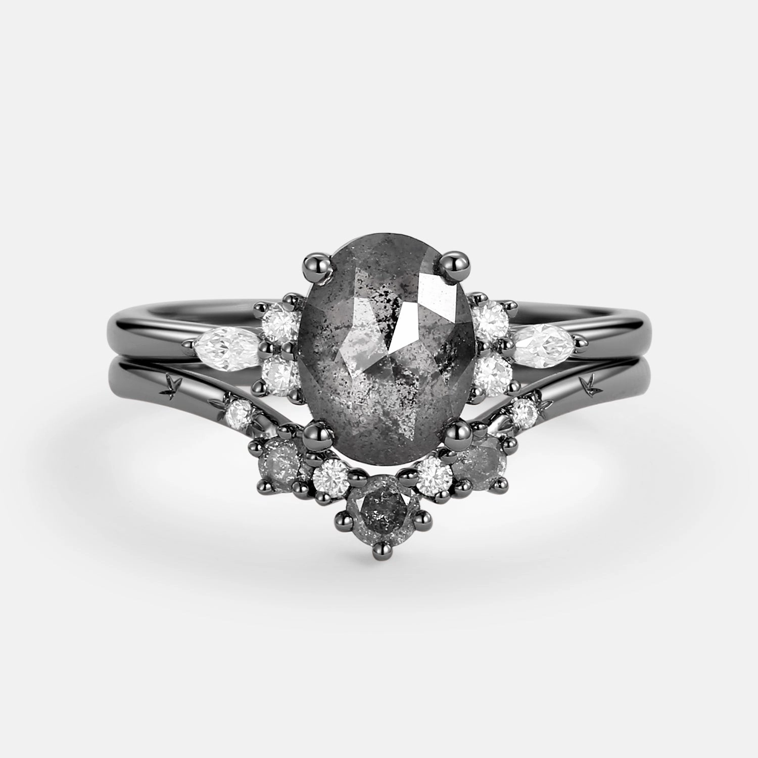 Distinctive Accent Black Gold Oval Cut Salt and Pepper Diamonds Engagement Ring Sets 2pcs