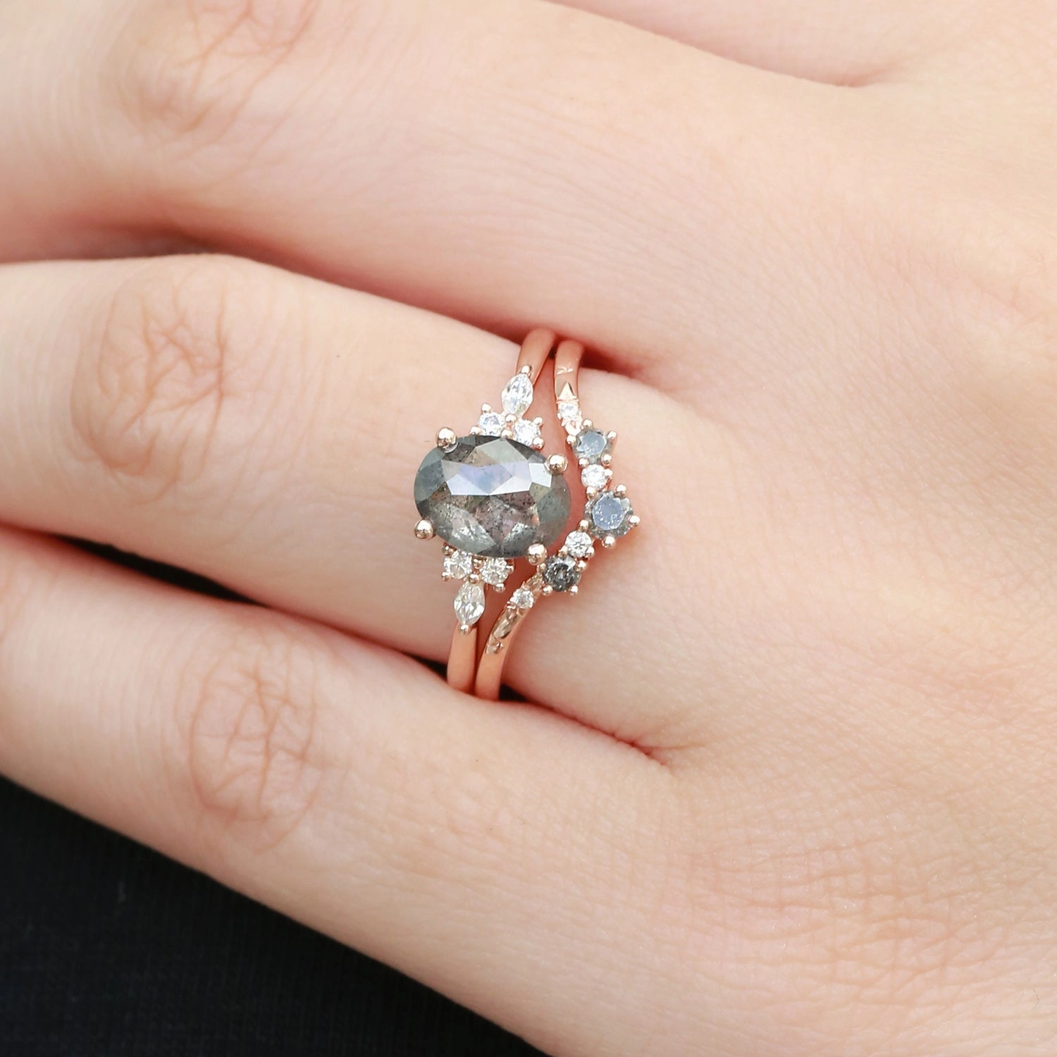 Petite Glam Luxury Look Black Gold Oval Cut Salt and Pepper Diamonds Engagement Ring Sets 2pcs