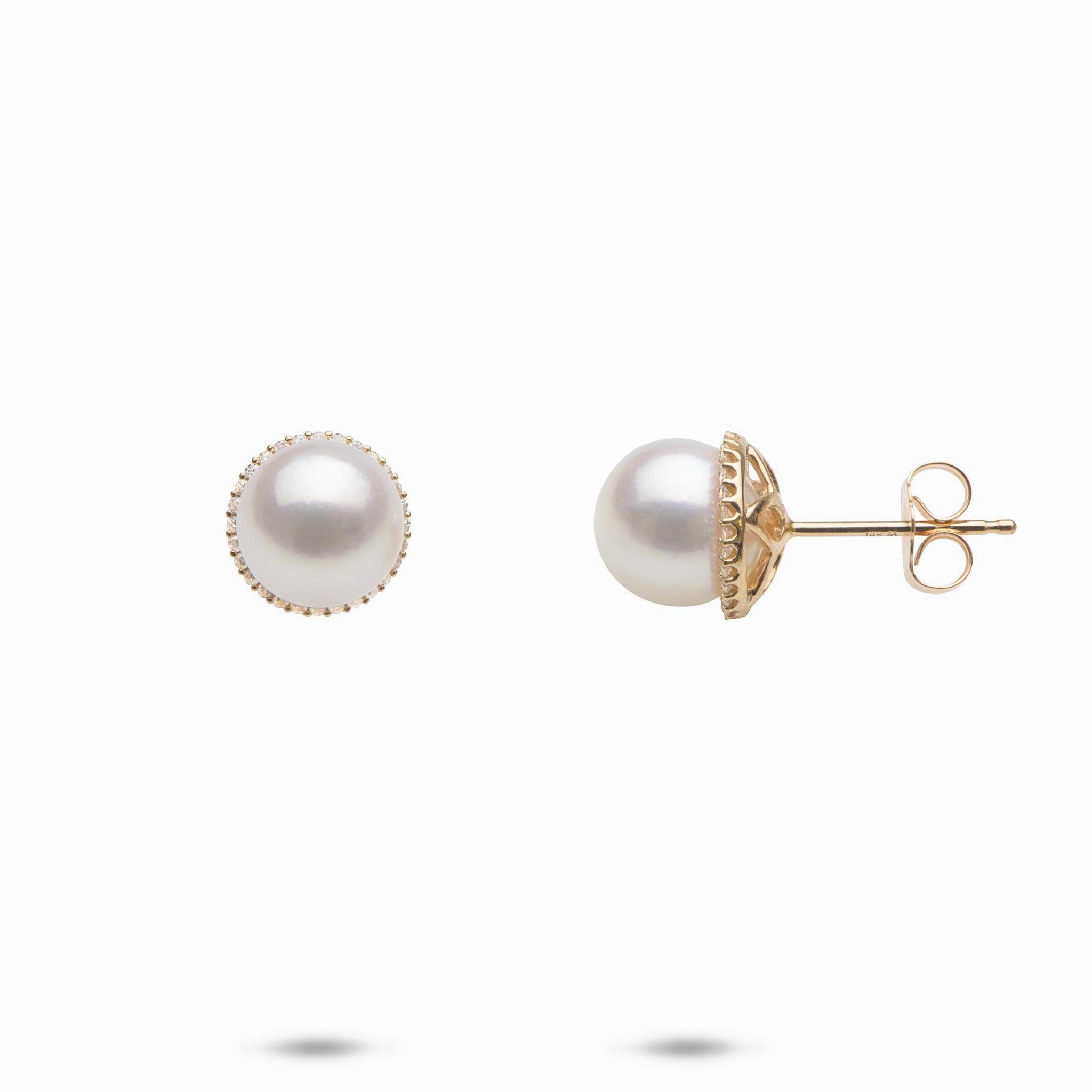 Halo Akoya White Pearl Earrings in Gold with Diamonds - 8-8.5mm Bridal Vibe Graceful Form