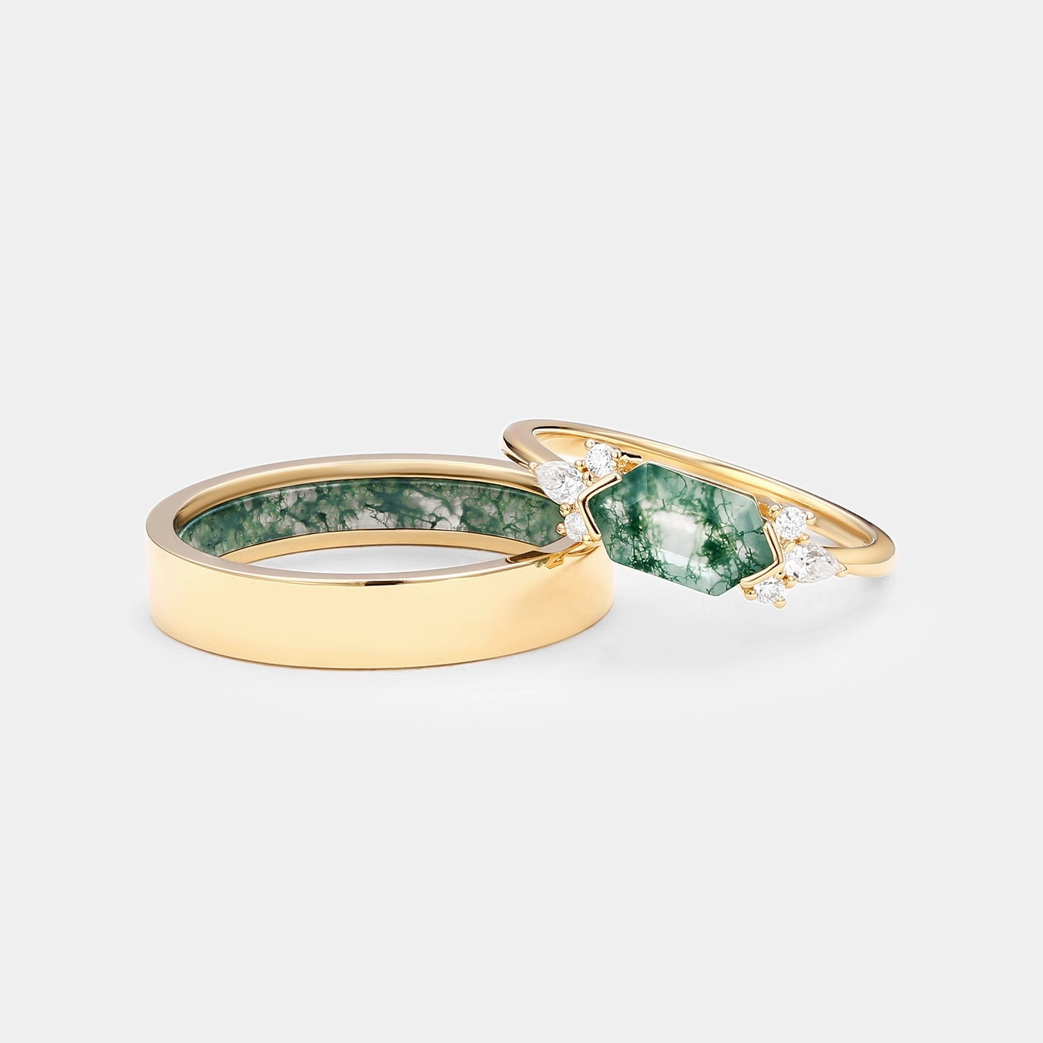 Yellow Gold Elongated Hexagon Moss Agate Couple Ring Set 2pcs Exquisite Shine Finish