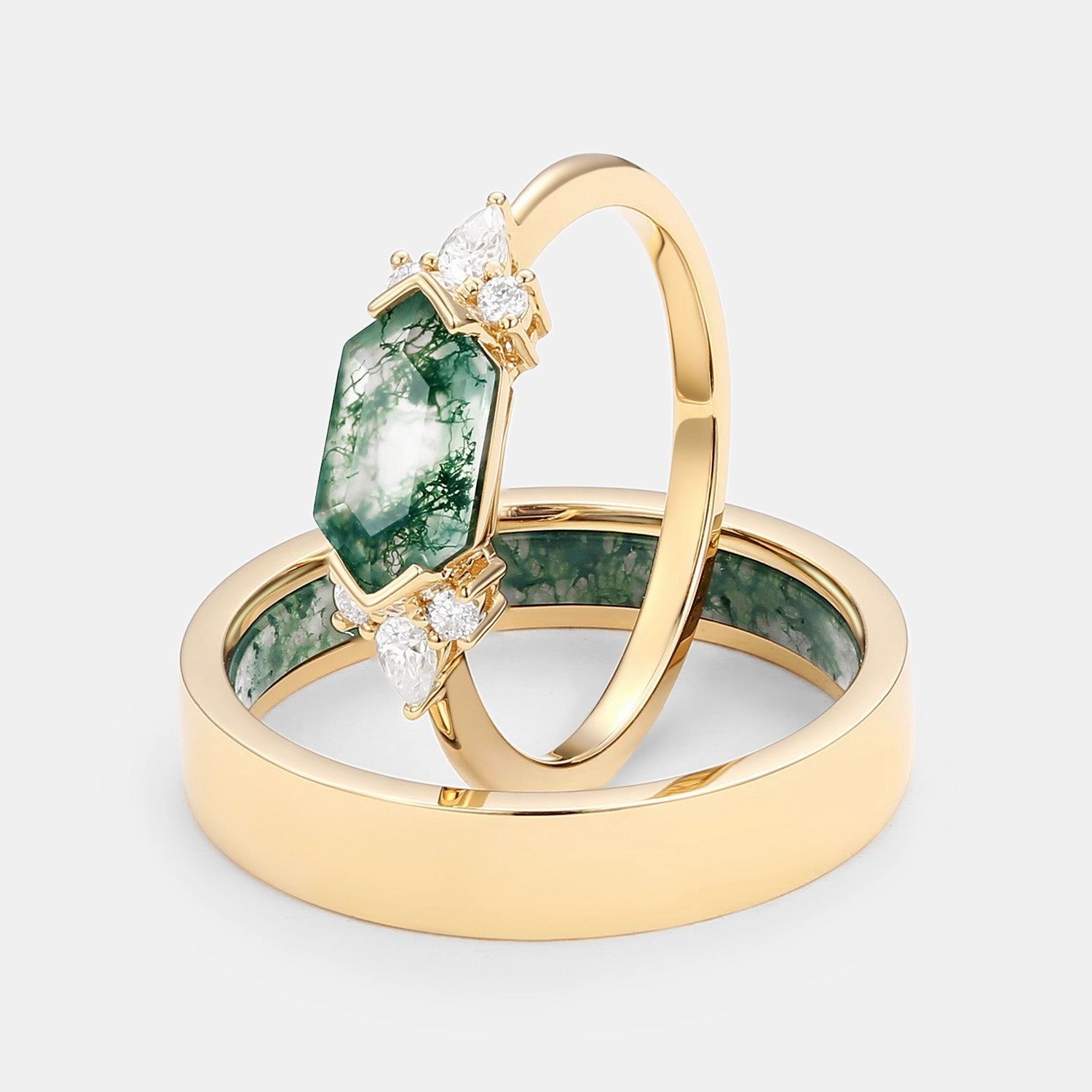 Yellow Gold Elongated Hexagon Moss Agate Couple Ring Set 2pcs Unique Shine Lightweight Accent