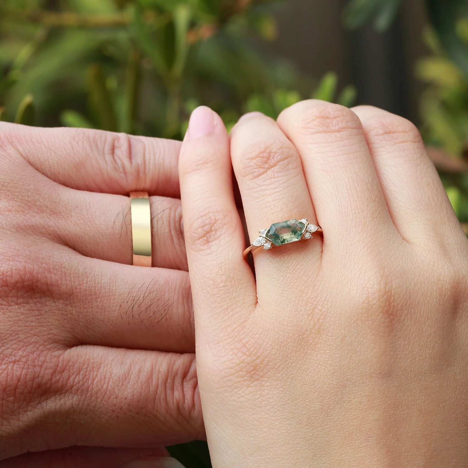 Yellow Gold Elongated Hexagon Moss Agate Couple Ring Set 2pcs Minimal Style Everyday Set