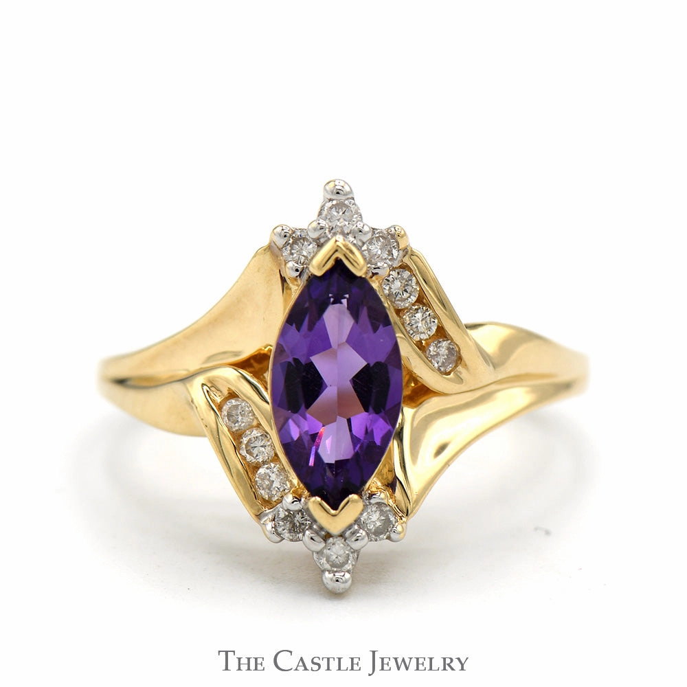Marquise Cut Amethyst ring with Round Diamond Accents in 10k Yellow Gold Virtual Item
