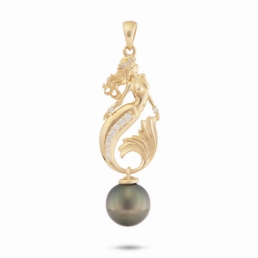 Ocean Dance Mermaid Tahitian Black Pearl Pendant in Gold with Diamonds - 9-10mm High Shine