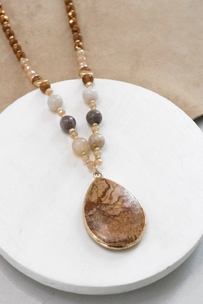 Initial Adornment Beaded Long Necklace with Semi Precious Jasper Teardrop Stone Pendant