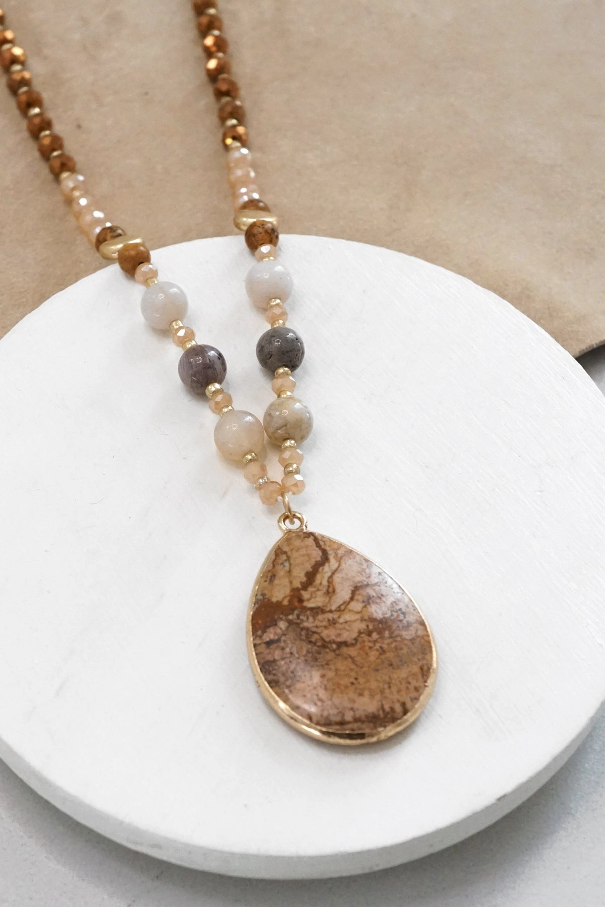 Initial Adornment Beaded Long Necklace with Semi Precious Jasper Teardrop Stone Pendant