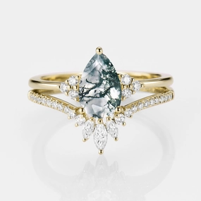 Shining Craft 1.5ct Signature Pear Vintage Moss Agate Engagement Ring Set 2pcs - Lydia