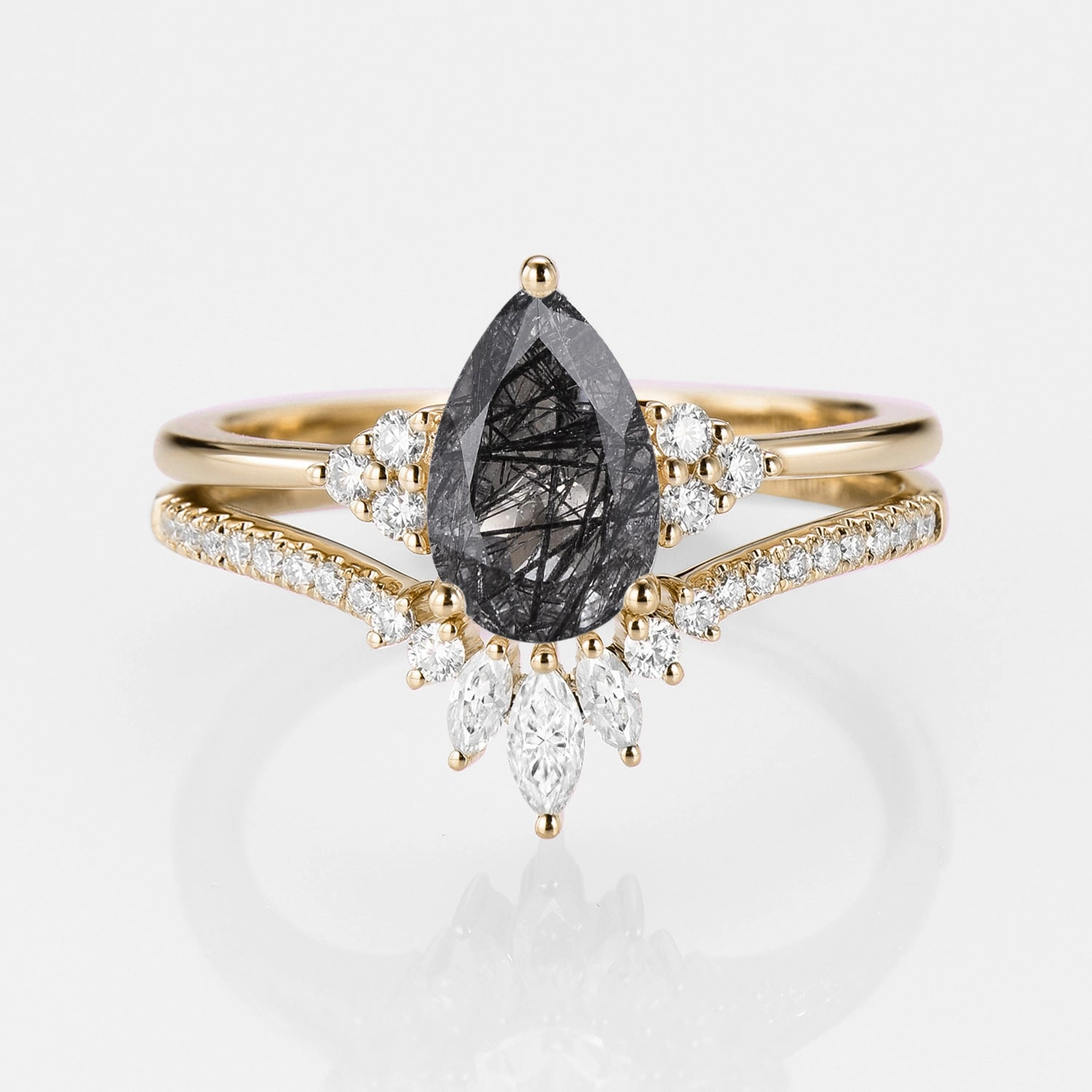 1.5ct Signature Pear Vintage Moss Agate Engagement Ring Set 2pcs - Lydia Iconic Style