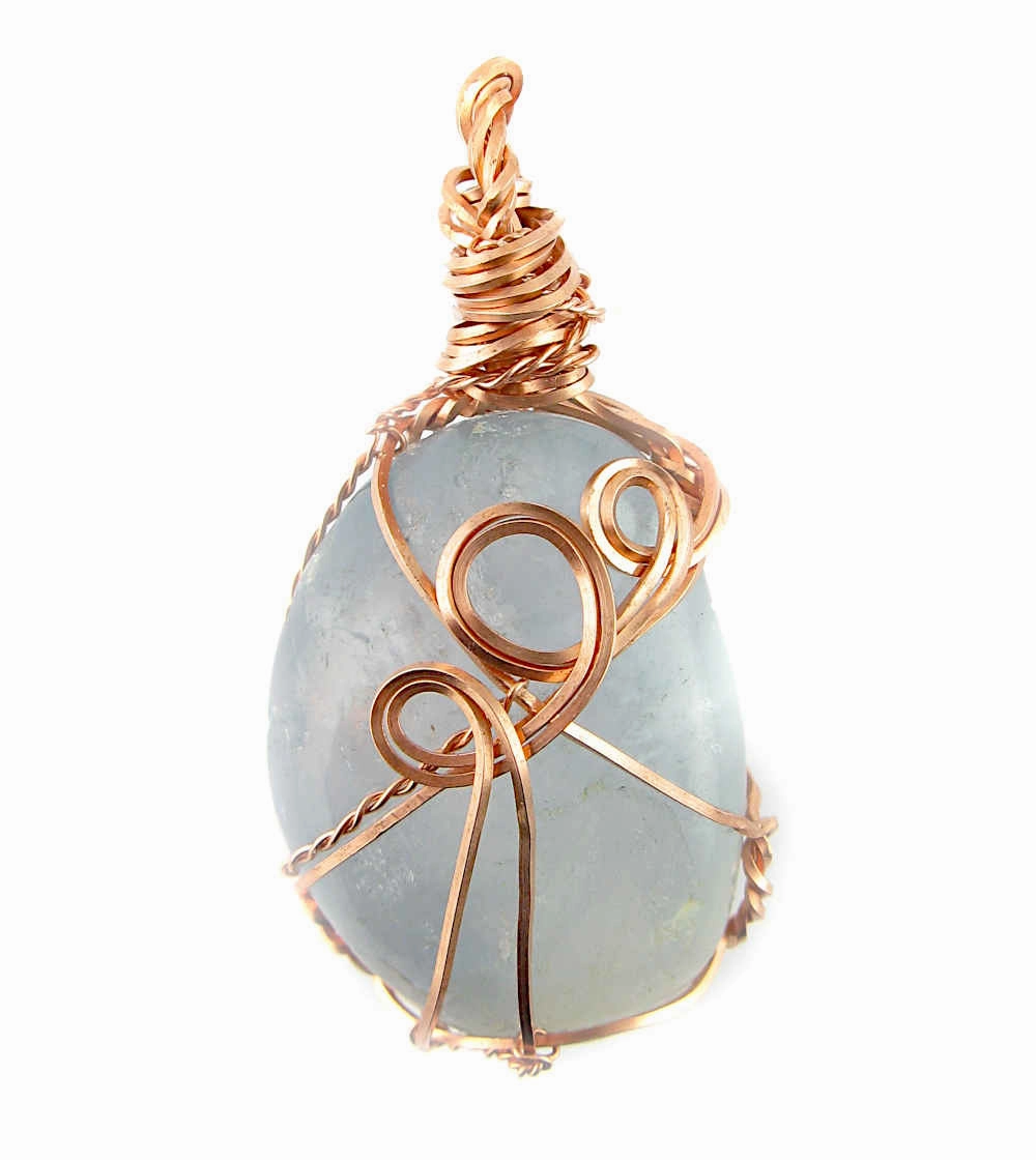 Polished Blue Celestite Pendant Necklace, Copper Wire-Wrapped, with 20" Chain, Handmade #2 Exquisite Piece