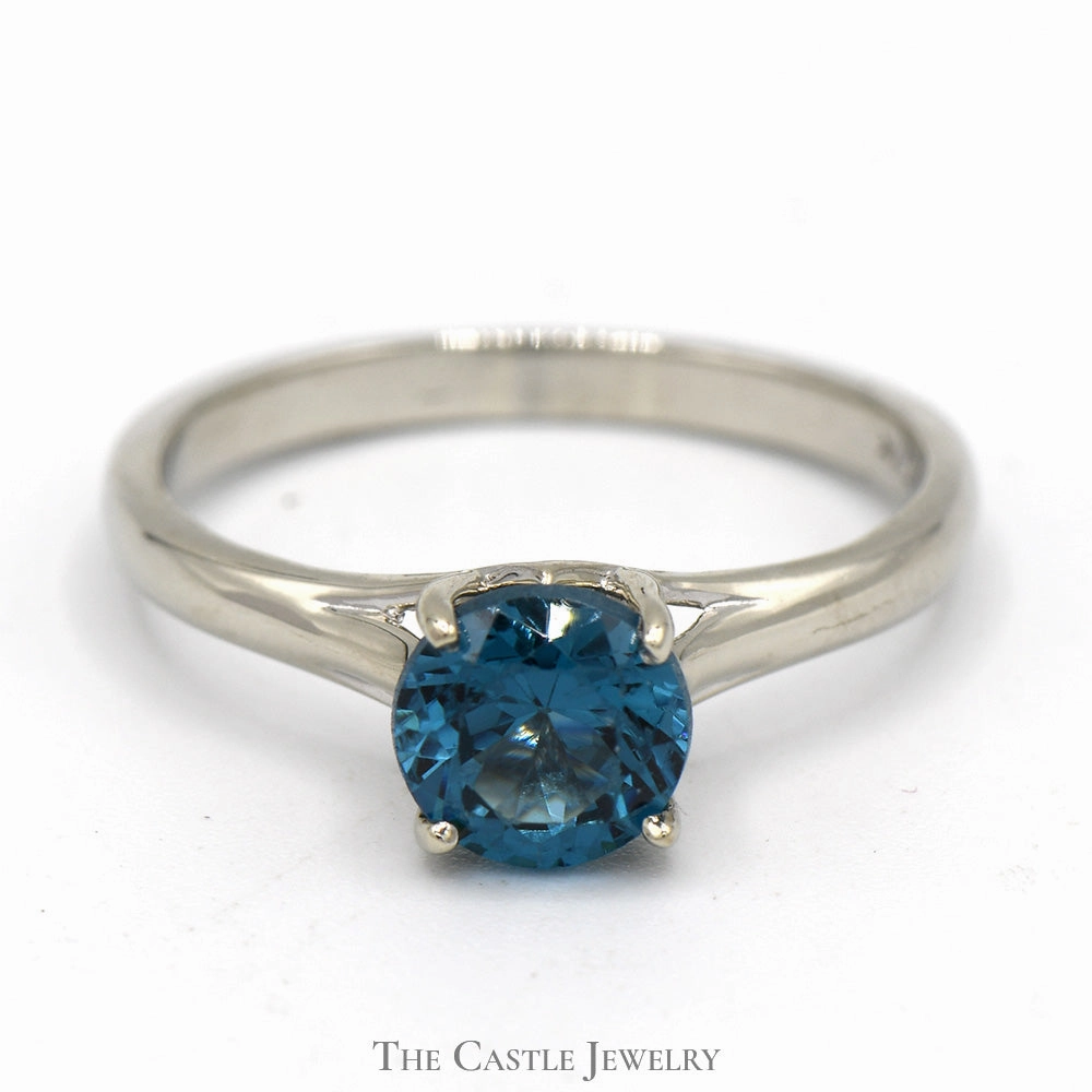 Sentimental Expression Round Blue Topaz Solitaire Engagement Ring in 14k White Gold