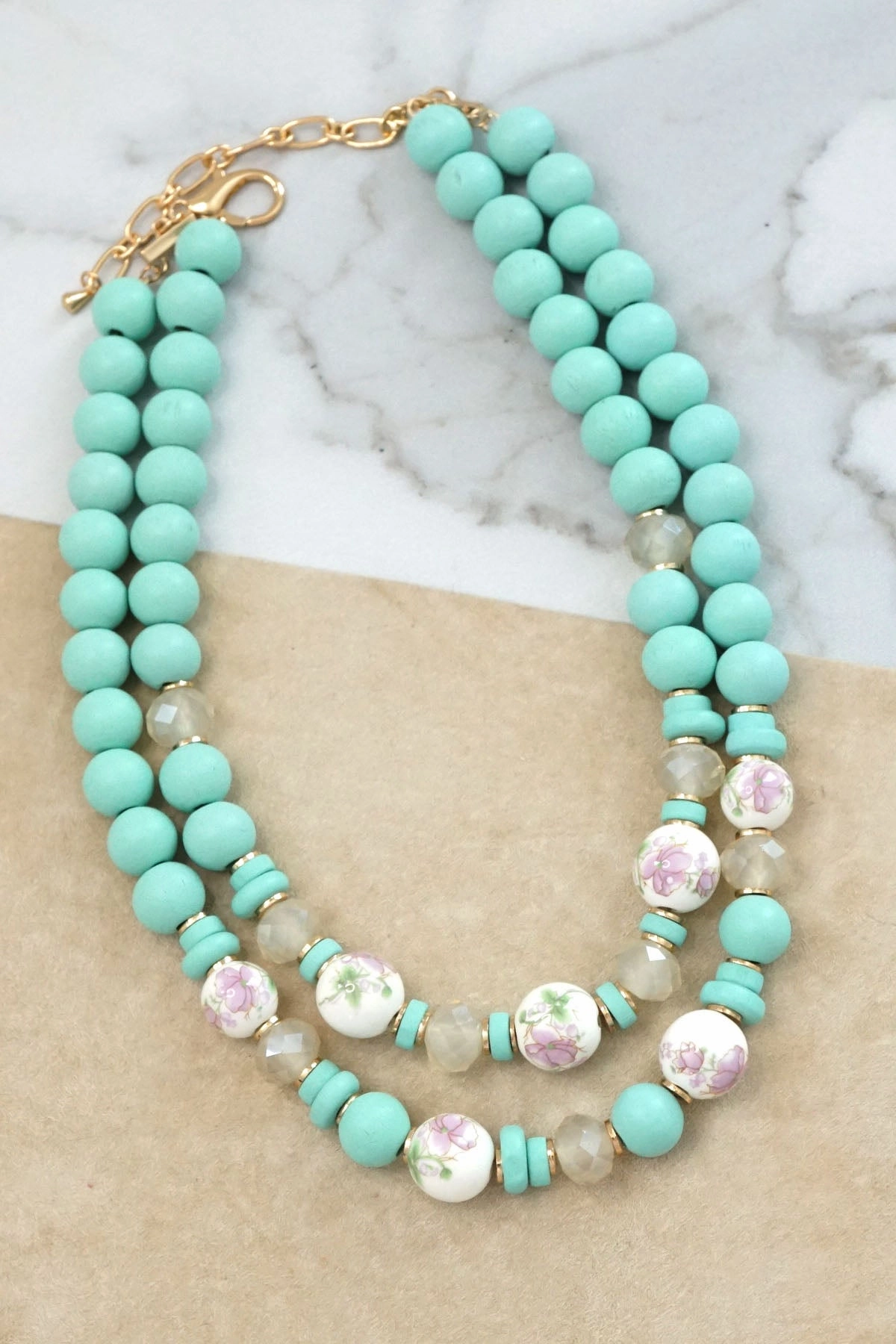Multi Strand Spring Wood and Chinoiserie Beads Short Necklace in Mint Green and Gold Signature Accessory