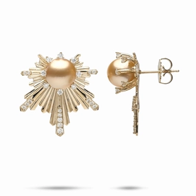 Special Occasion E Ho???la South Sea Gold Pearl Earrings in Gold with Diamonds - 23mm
