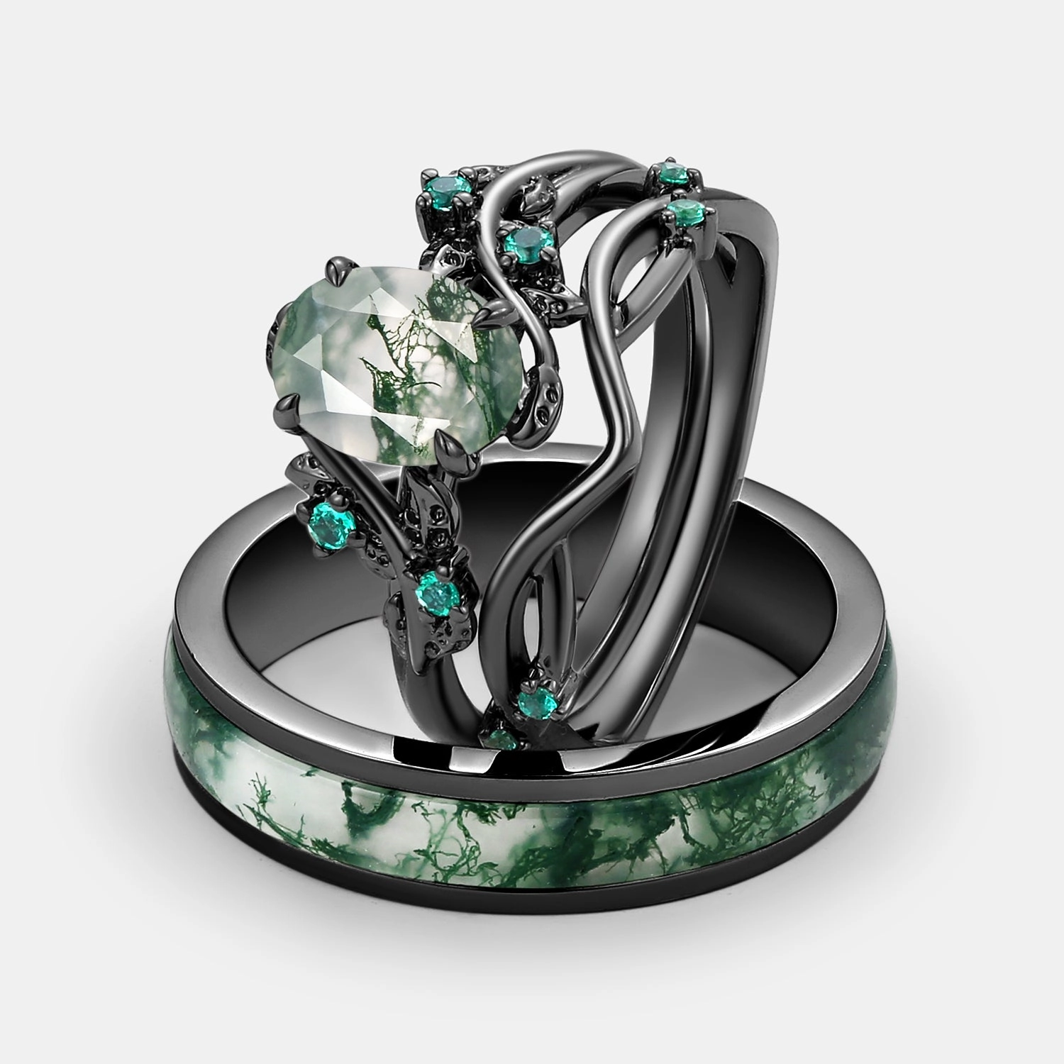 Eye-catching Design Formal Layer Nature Inspired - Oval Cut Moss Agate Leafy Black Gold Couple Ring Set 3pcs - Mossy