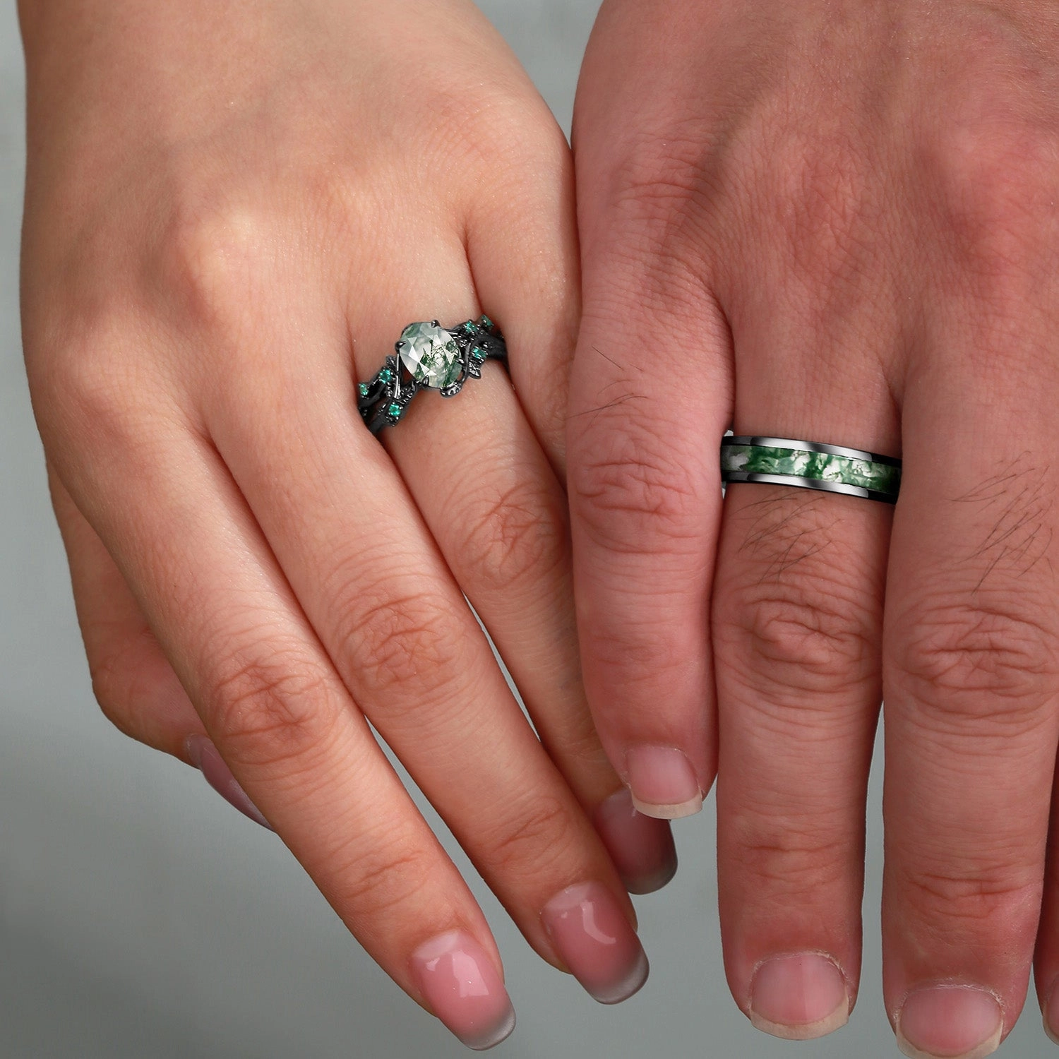 Nature Inspired - Oval Cut Moss Agate Leafy Black Gold Couple Ring Set 3pcs - Mossy Luxury Night Bright Finish