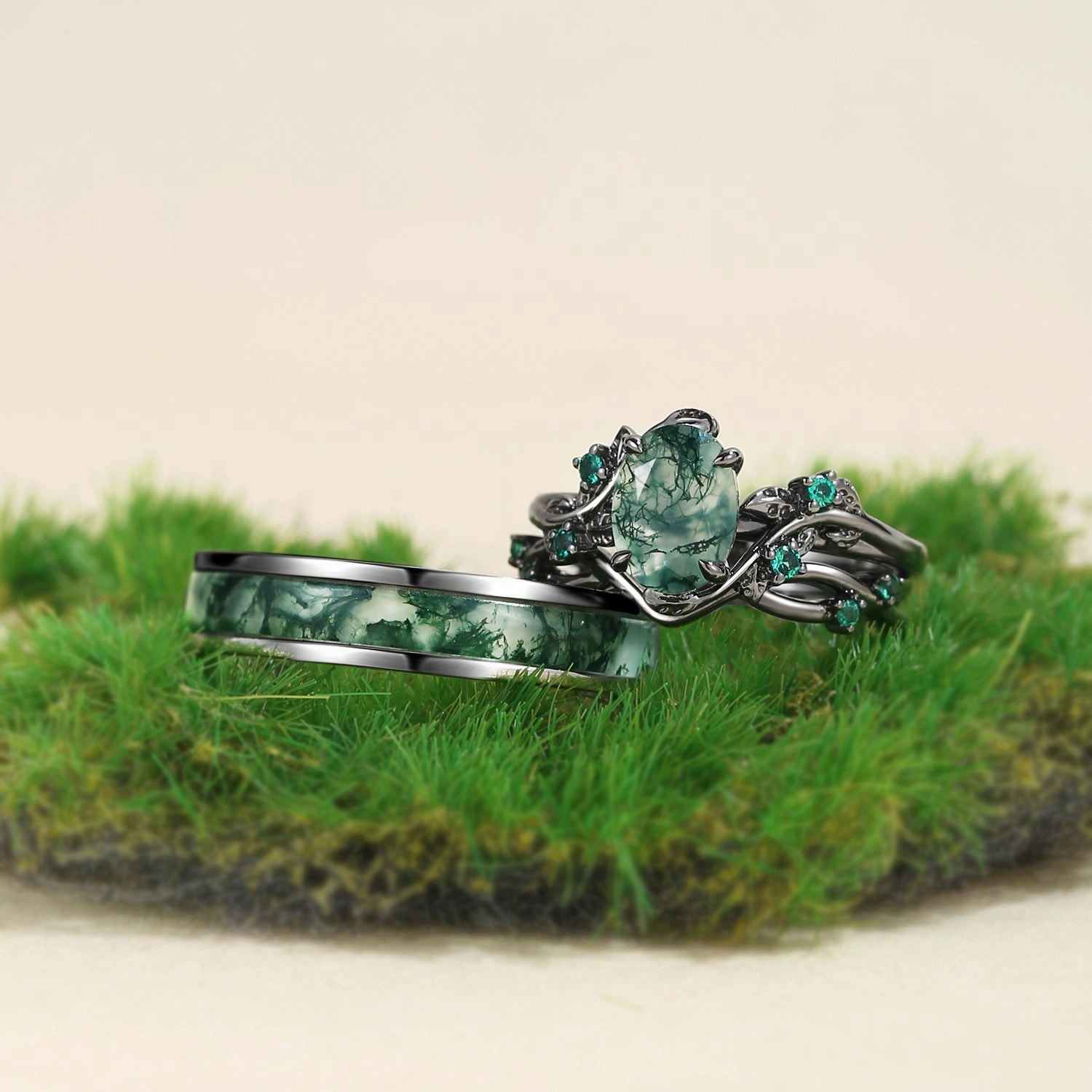 Vibrant color Nature Inspired - Oval Cut Moss Agate Leafy Black Gold Couple Ring Set 3pcs - Mossy