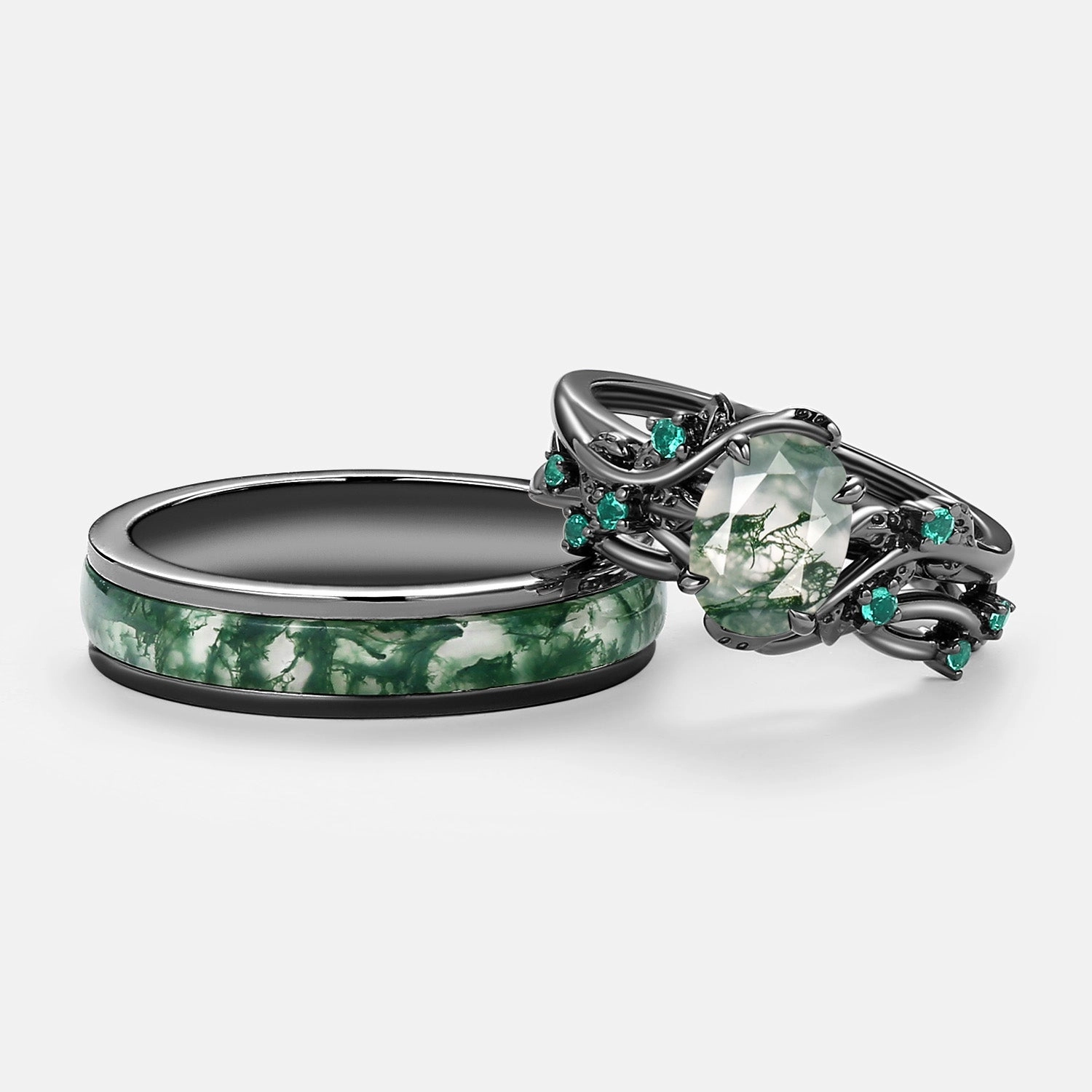 Nature Inspired - Oval Cut Moss Agate Leafy Black Gold Couple Ring Set 3pcs - Mossy Birthday Style