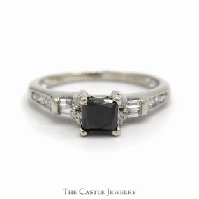 Princess Cut Black Diamond Engagement Ring with Round & Baguette Diamond Accents in 14k White Gold Ornate Style