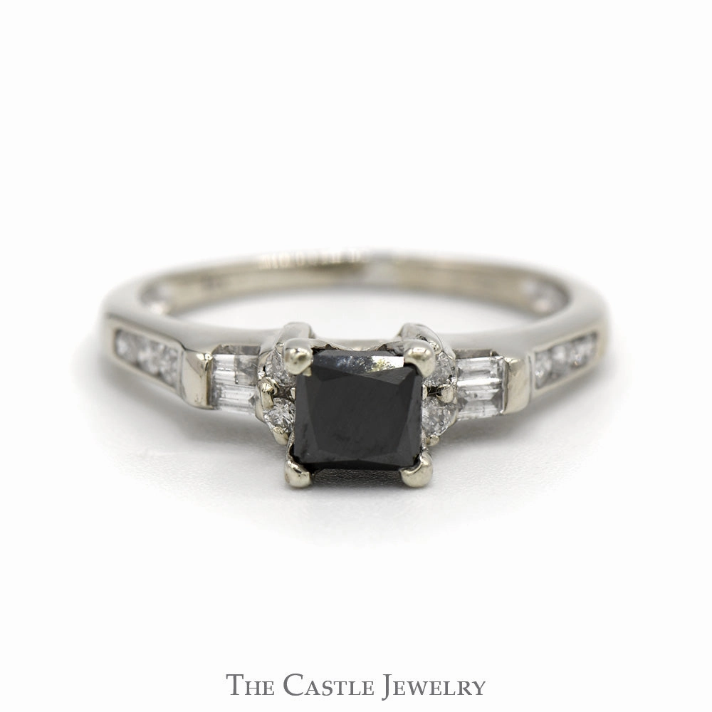 Princess Cut Black Diamond Engagement Ring with Round & Baguette Diamond Accents in 14k White Gold Ornate Style