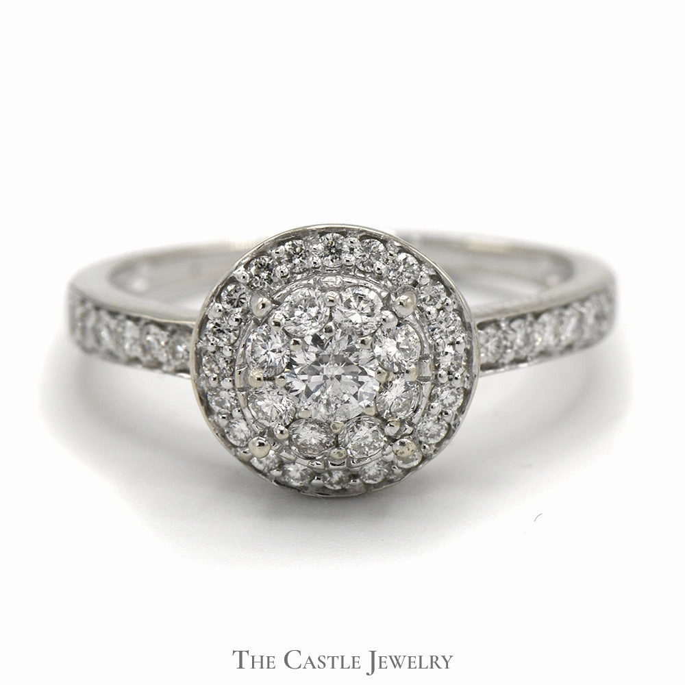 Round Shaped Diamond Cluster Ring with Diamond Halo and Accents in 14k White Gold Simple Choice