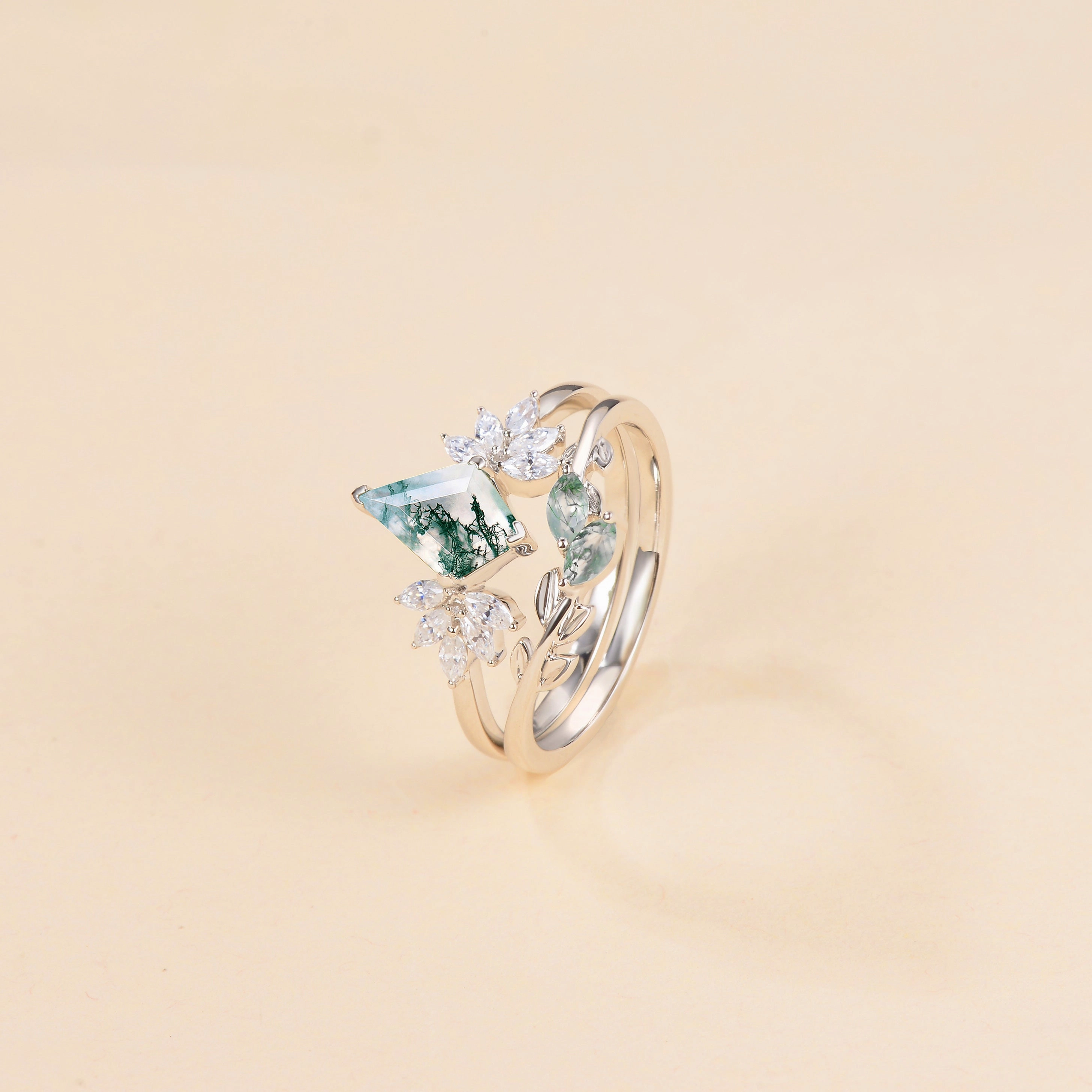 Effortless Glimmer Moss Agate Leafy Forest Elves Engagement Ring Set 2pcs - Amayah