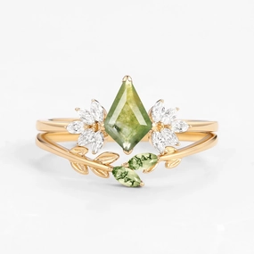 Daywear Style Graceful Beauty Moss Agate Leafy Forest Elves Engagement Ring Set 2pcs - Amayah