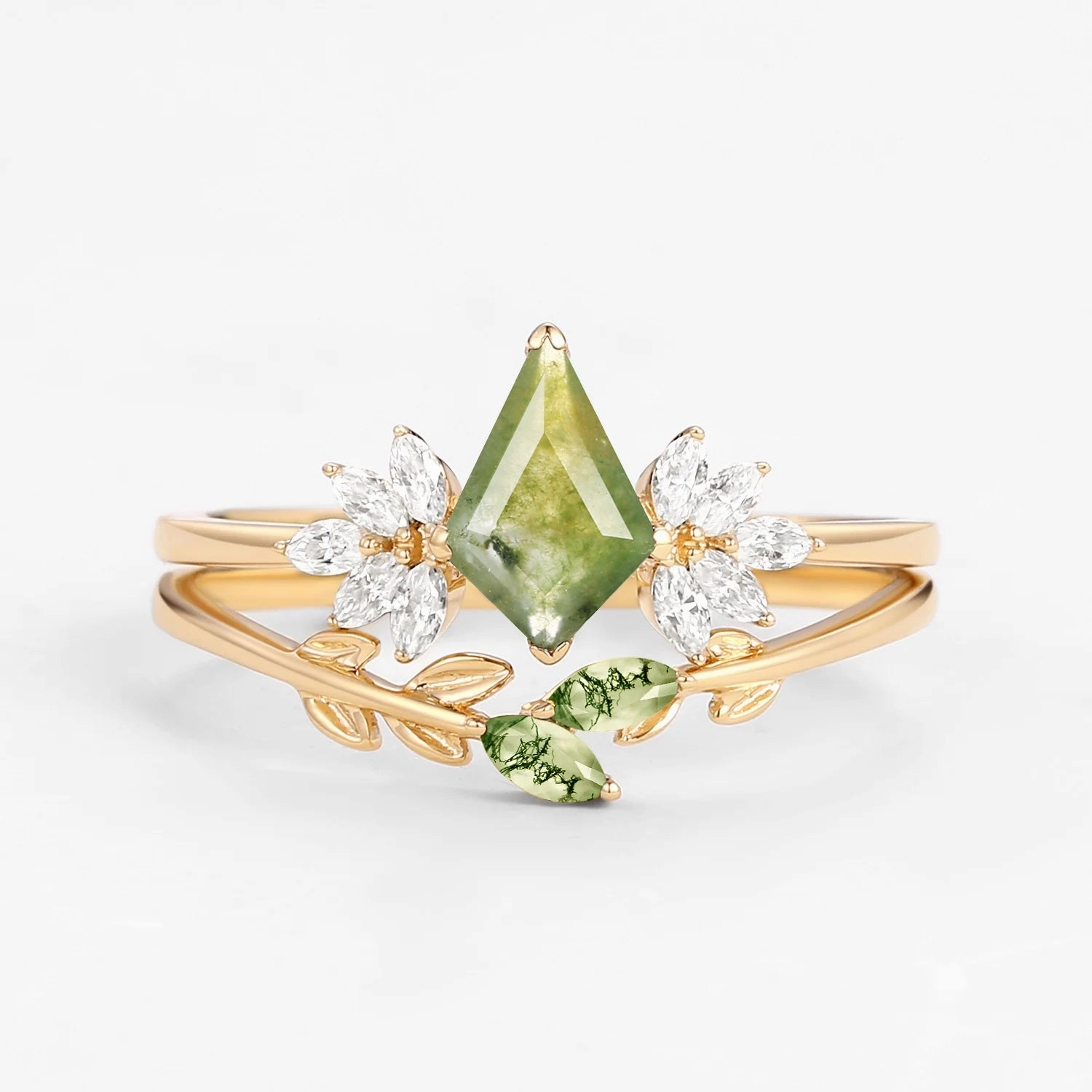 Daywear Style Graceful Beauty Moss Agate Leafy Forest Elves Engagement Ring Set 2pcs - Amayah