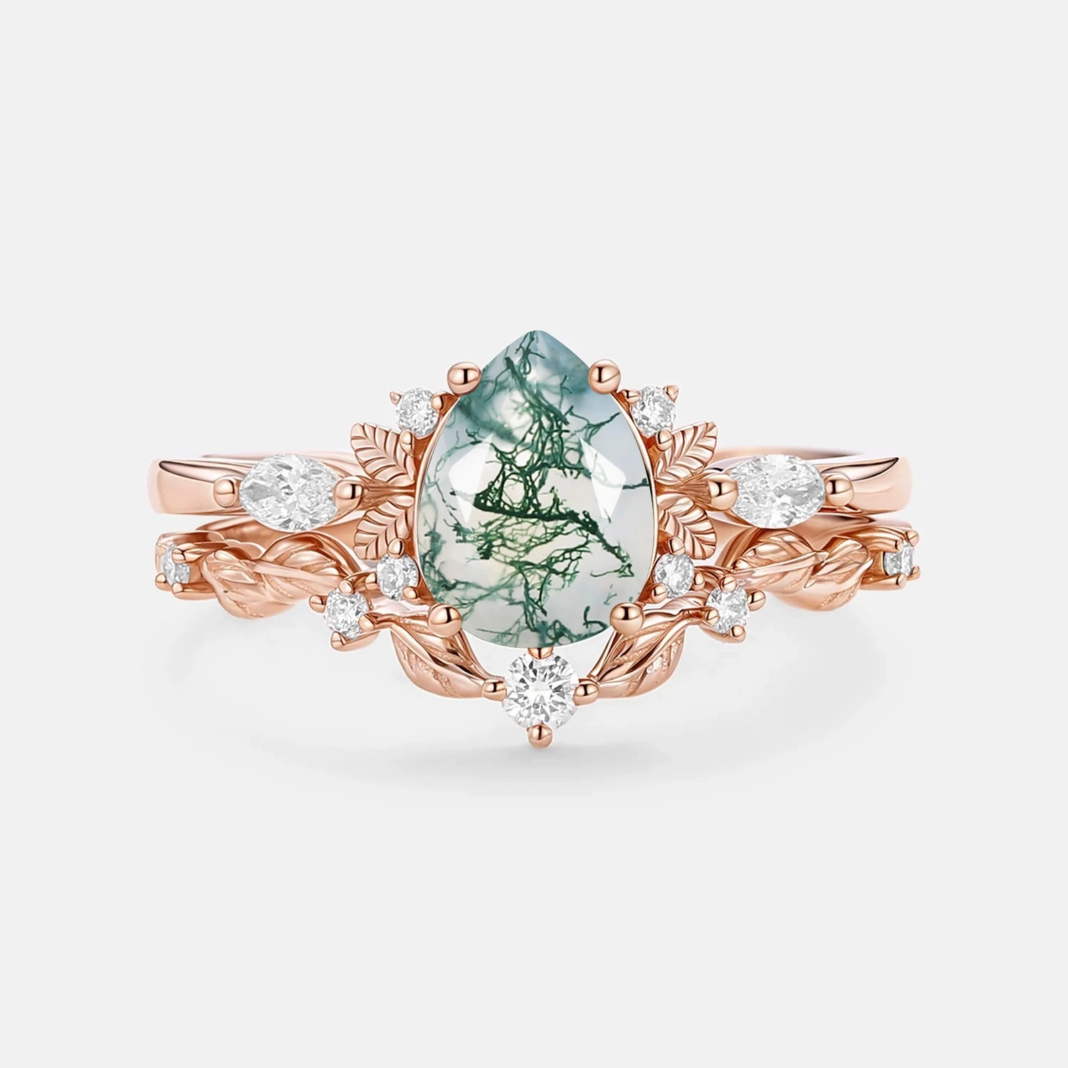 Vibrant Feel Nature Inspired - Pear Shaped Moss Agate Leafy Fairy Ring Set 2pcs - Susan