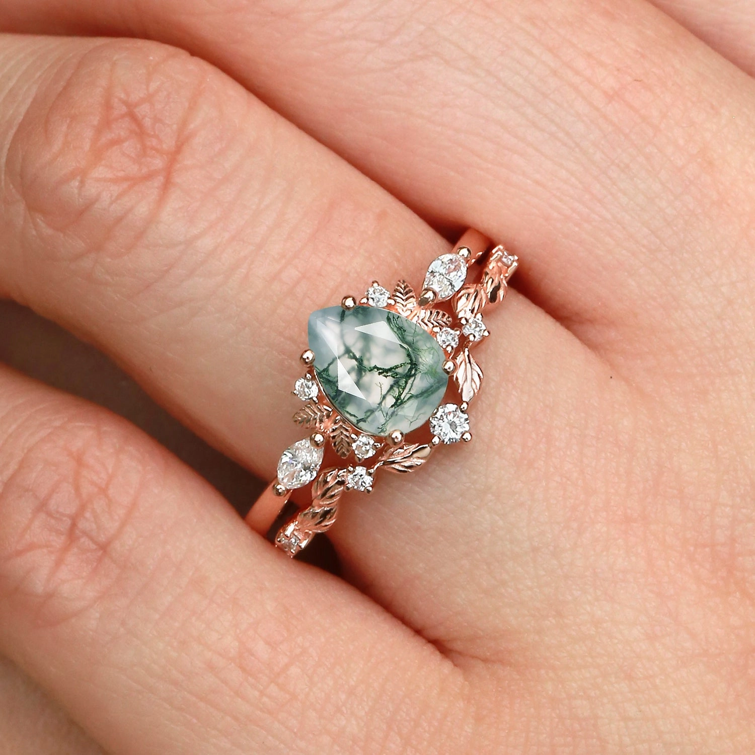 Nature Inspired - Pear Shaped Moss Agate Leafy Fairy Ring Set 2pcs - Susan Timeless Form