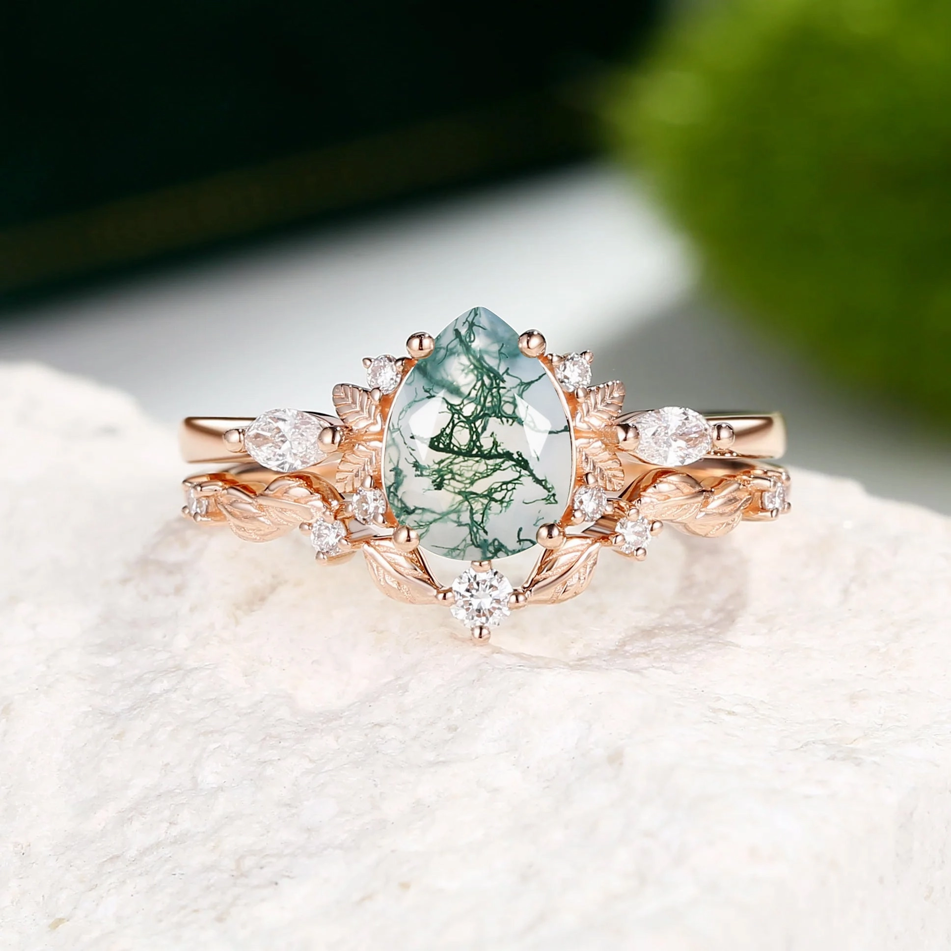 Nature Inspired - Pear Shaped Moss Agate Leafy Fairy Ring Set 2pcs - Susan Precious Accent Lustrous Highlight