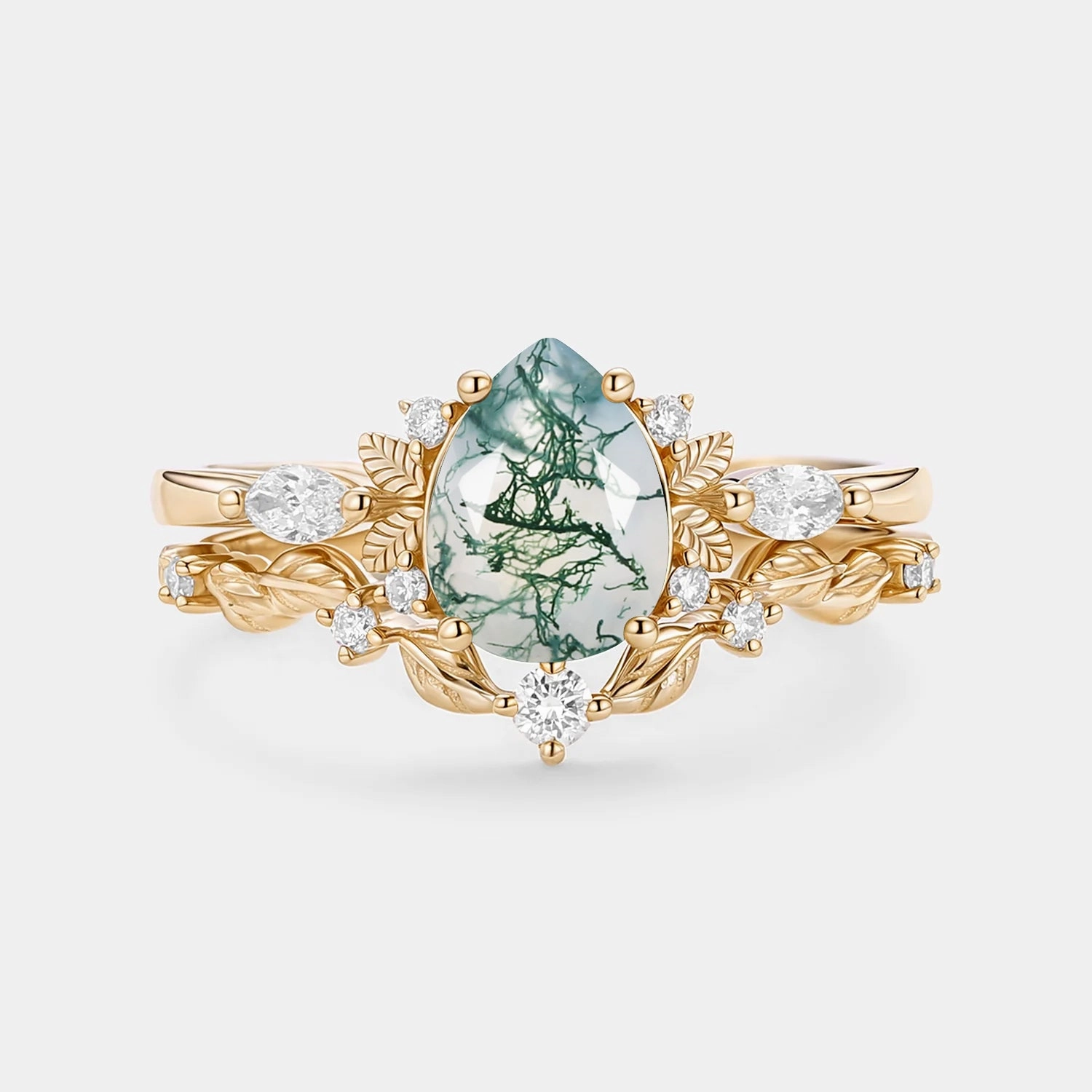 Luxury Element Nature Inspired - Pear Shaped Moss Agate Leafy Fairy Ring Set 2pcs - Susan