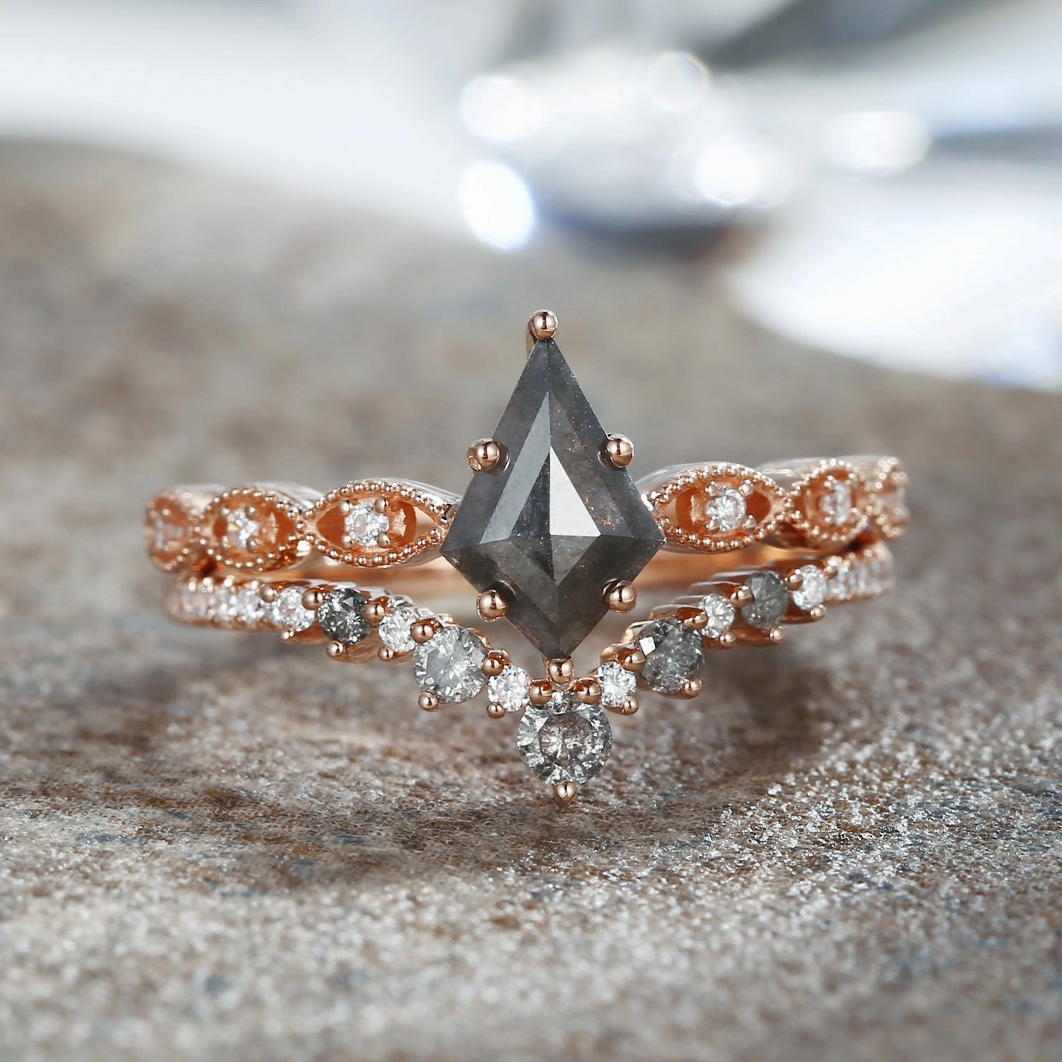Kite & Round Salt and Pepper Diamonds Character Engagement Ring Set 2pcs - Winona Timeless Contour