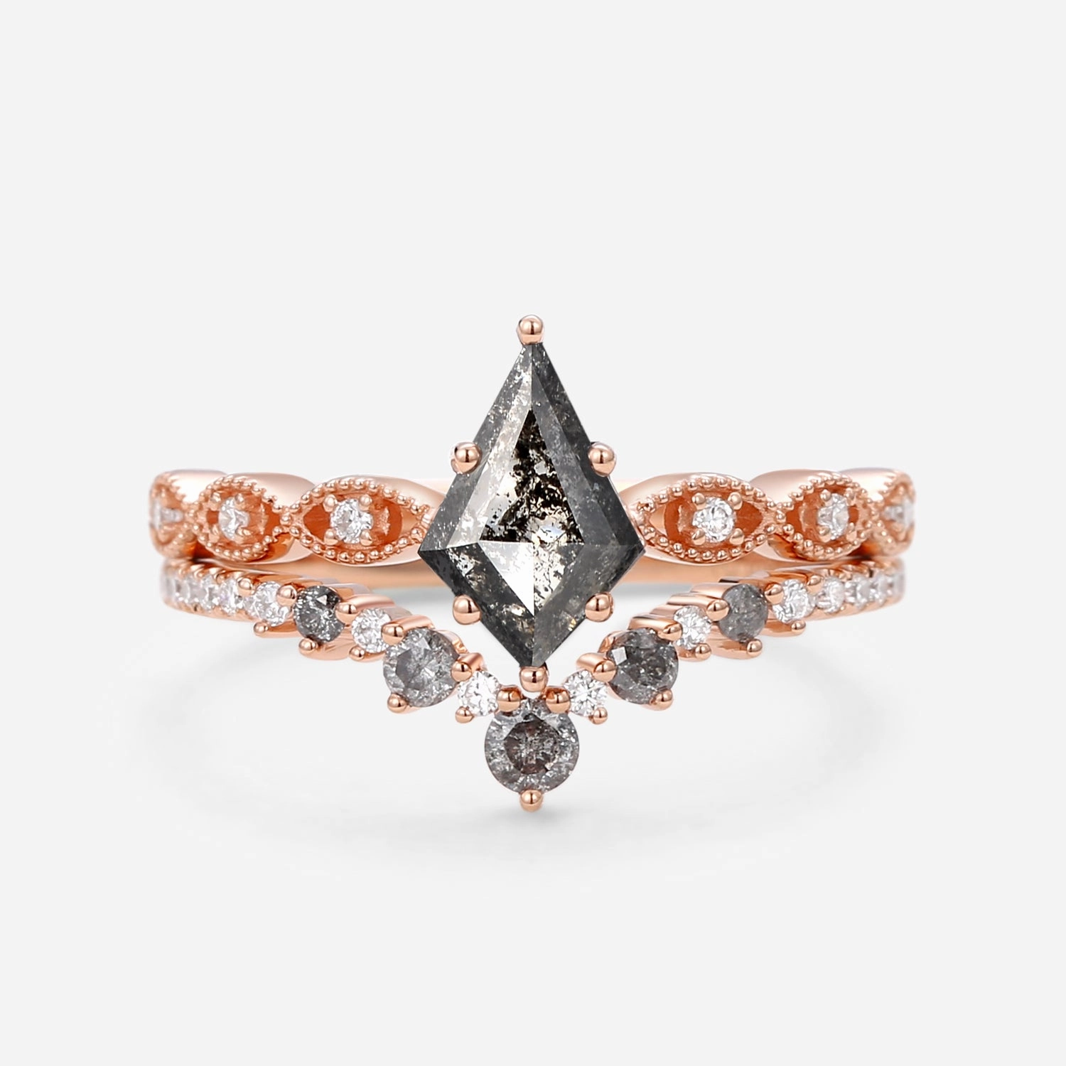 Stylish Design Fashion Sparkle Kite & Round Salt and Pepper Diamonds Character Engagement Ring Set 2pcs - Winona