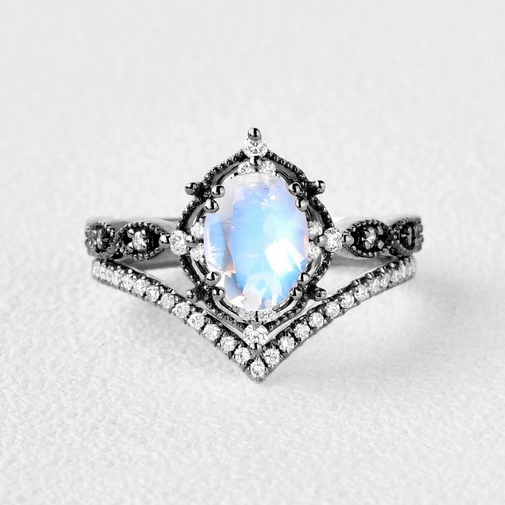 Handmade Shine Pieces Black Gold Signature Oval Moonstone Vintage Ring Set 2pcs