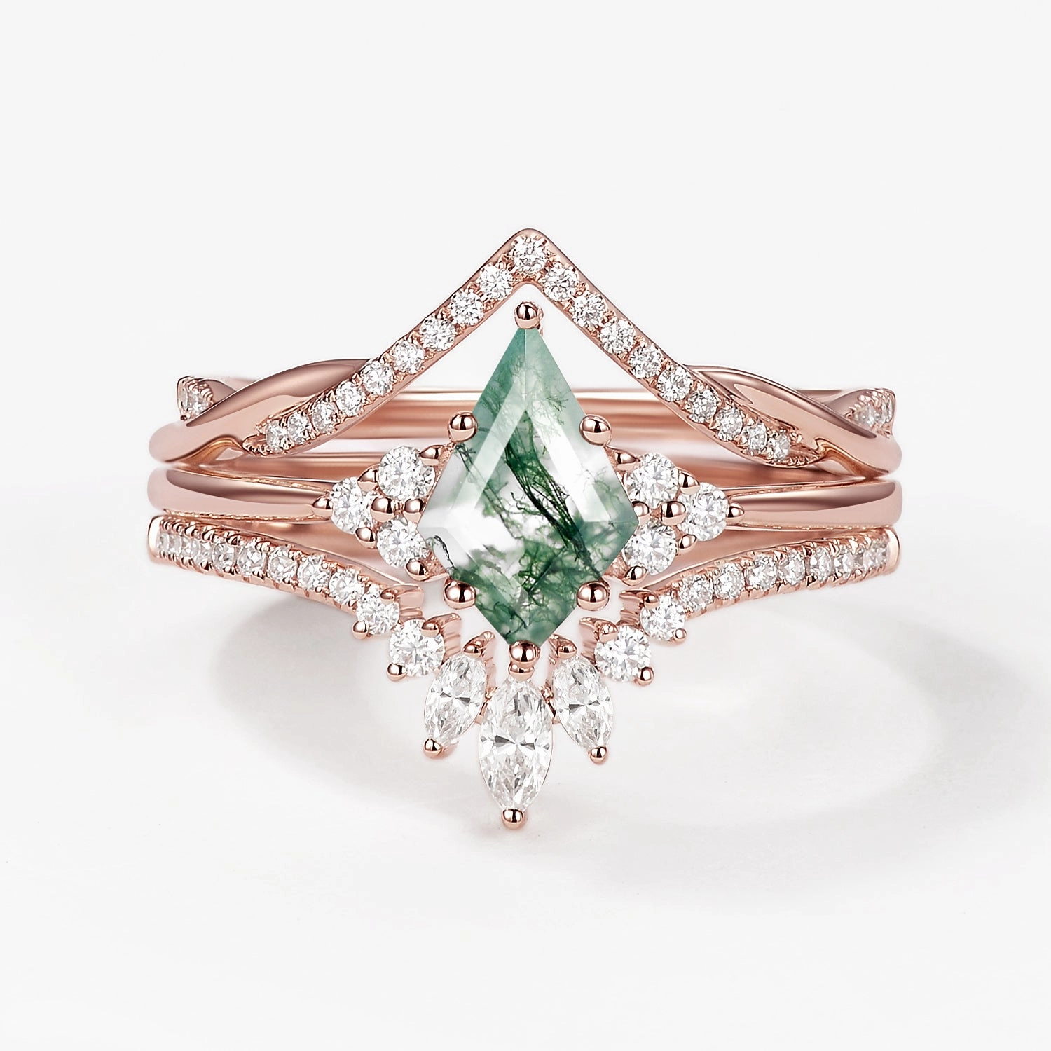 Trendy Highlight Sleek Radiance Green Moss Agate Kite Cut Infinity Curved Engagement Ring Set 3pcs