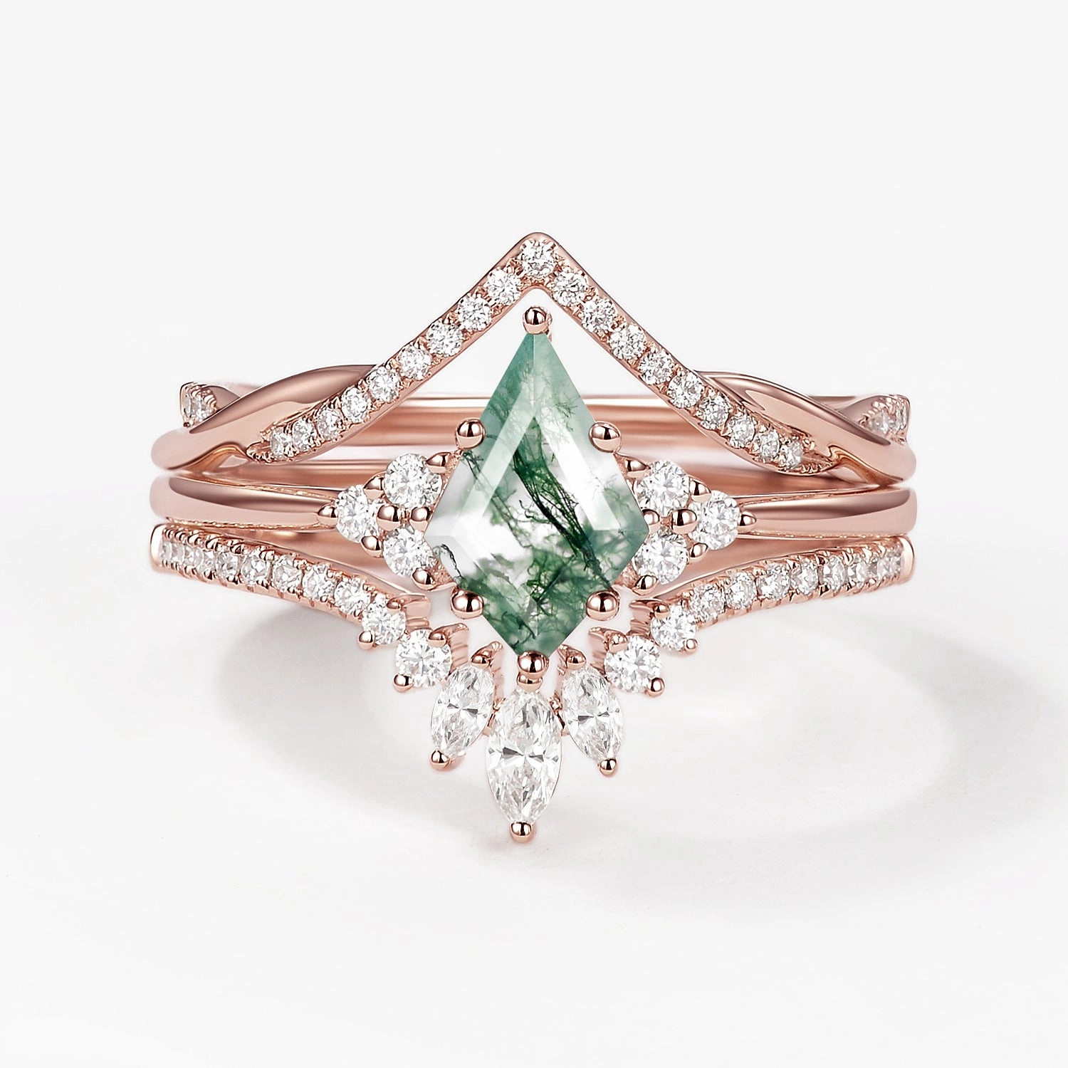 Green Moss Agate Kite Cut Infinity Curved Engagement Ring Set 3pcs Dazzling Finish