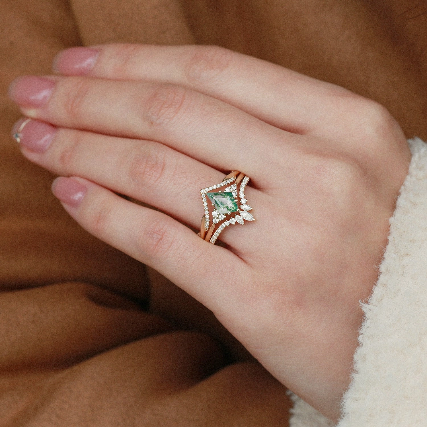 Anniversary Gift Green Moss Agate Kite Cut Infinity Curved Engagement Ring Set 3pcs