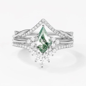 Chic Layer Sophisticated Spark Green Moss Agate Kite Cut Infinity Curved Engagement Ring Set 3pcs