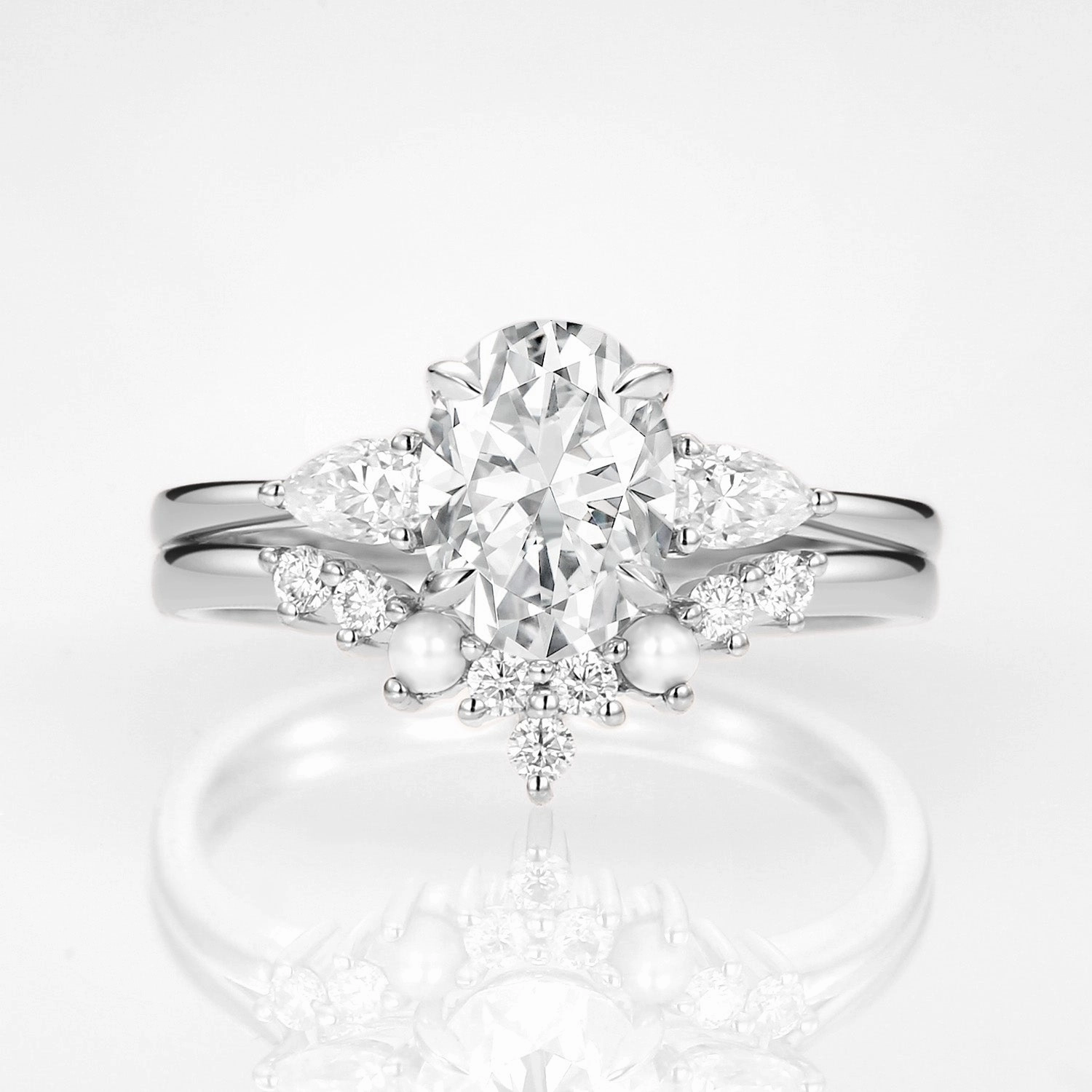 Flat Detail Oval Cut Moissanite & Pearl Vintage Ring Set 2pcs - Nancy