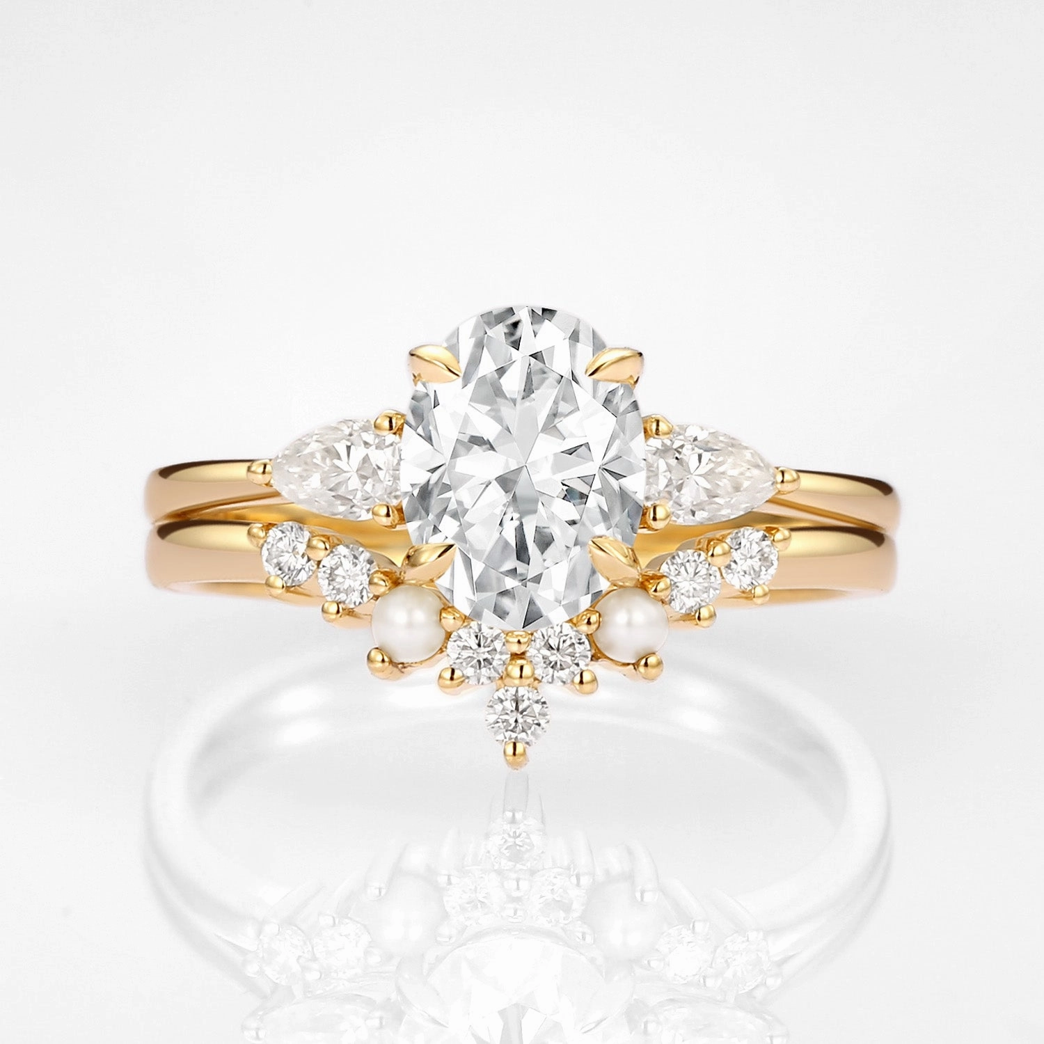 Oval Cut Moissanite & Pearl Vintage Ring Set 2pcs - Nancy Graceful Choice Sleek Piece