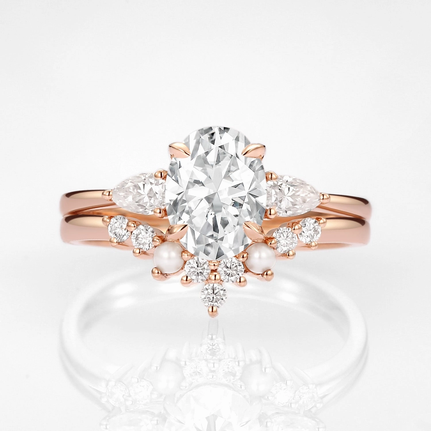 Bright Glow Oval Cut Moissanite & Pearl Vintage Ring Set 2pcs - Nancy