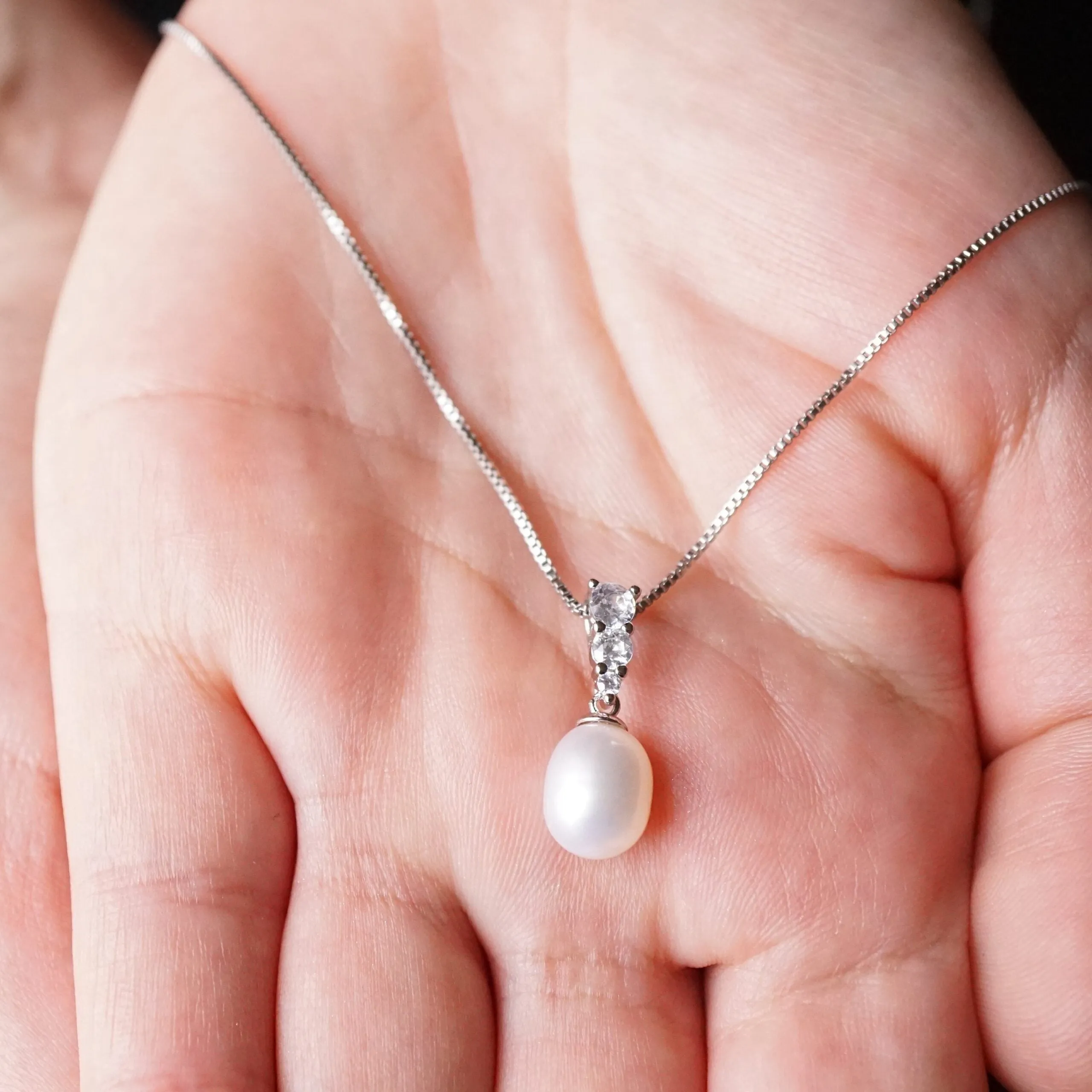 Chloe X - White Pearl Crystal Silver Pendant