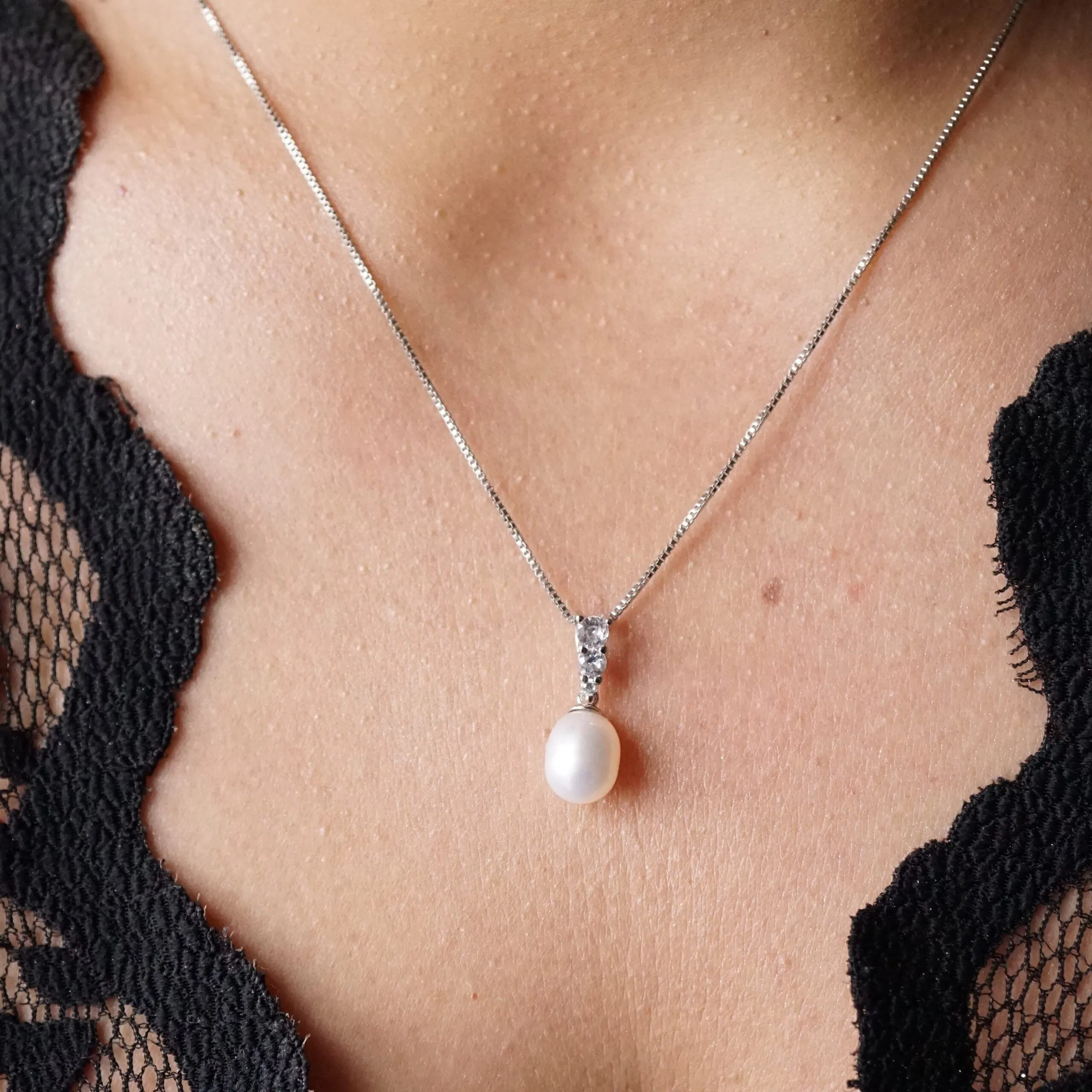 Chloe X - White Pearl Crystal Silver Pendant