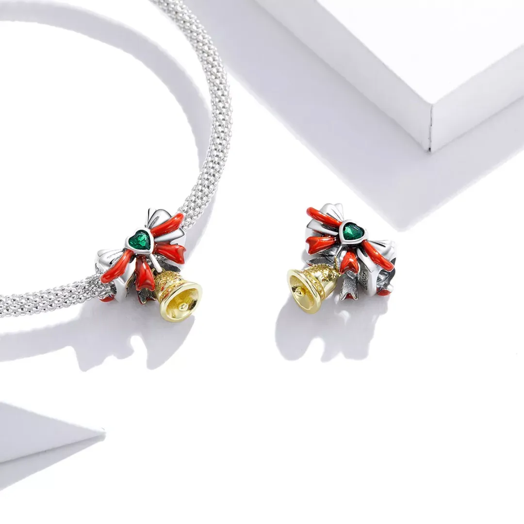Christmas Bell Ribbon Heart Charm 925 Sterling Silver