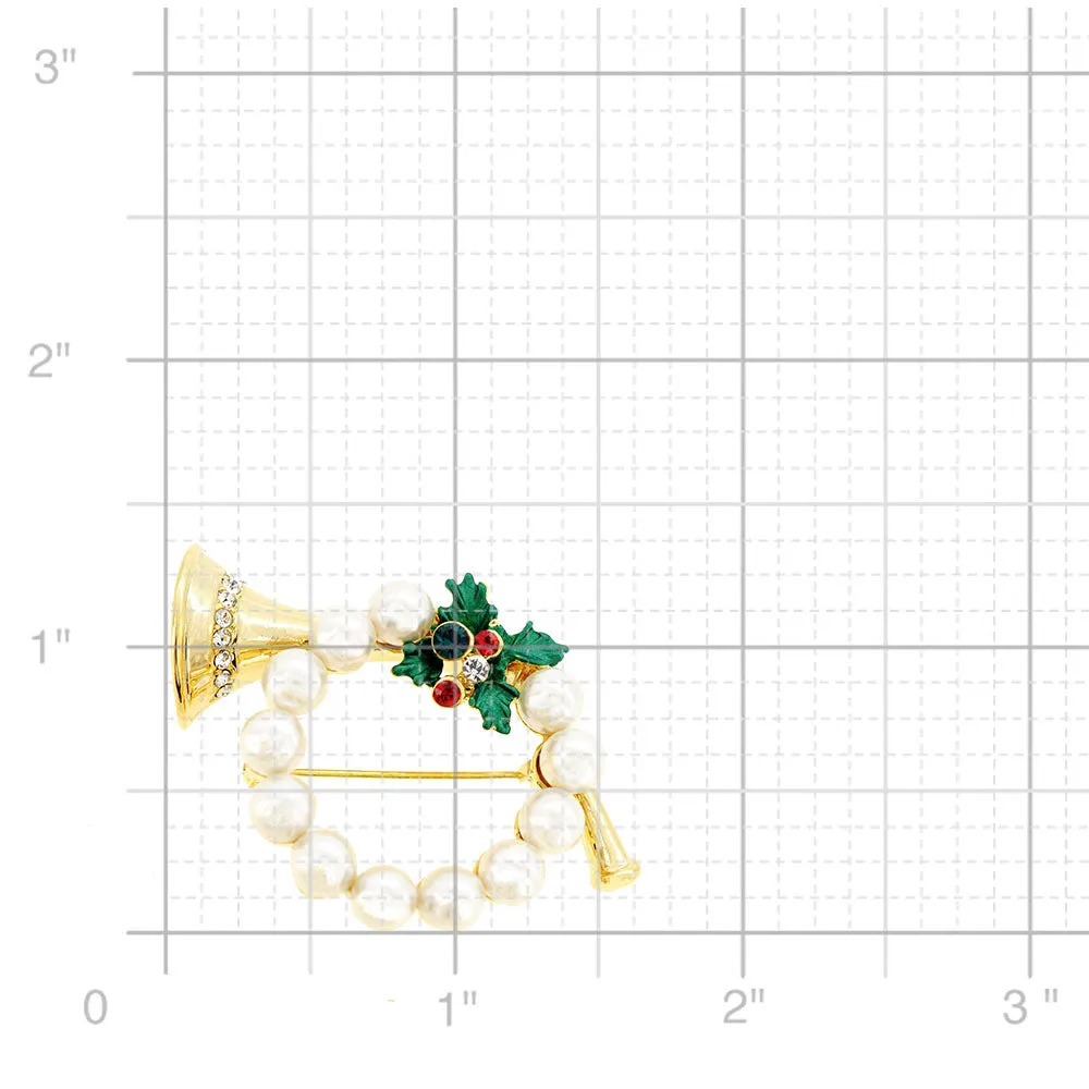 Christmas Pearl Horn Wreath Crystal Pin Brooch