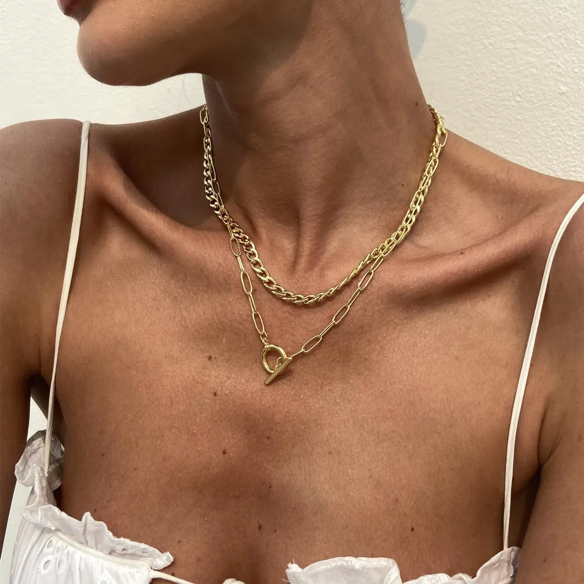 Chunky Gold Layered Necklaces for Women 14K Dainty Stacked Gold Chain Necklace, Trendy Cuban Link Paperclip Chain Toggle Clasp Necklace Fashion Jewelry for Women