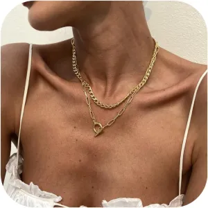 Chunky Gold Layered Necklaces for Women 14K Dainty Stacked Gold Chain Necklace, Trendy Cuban Link Paperclip Chain Toggle Clasp Necklace Fashion Jewelry for Women